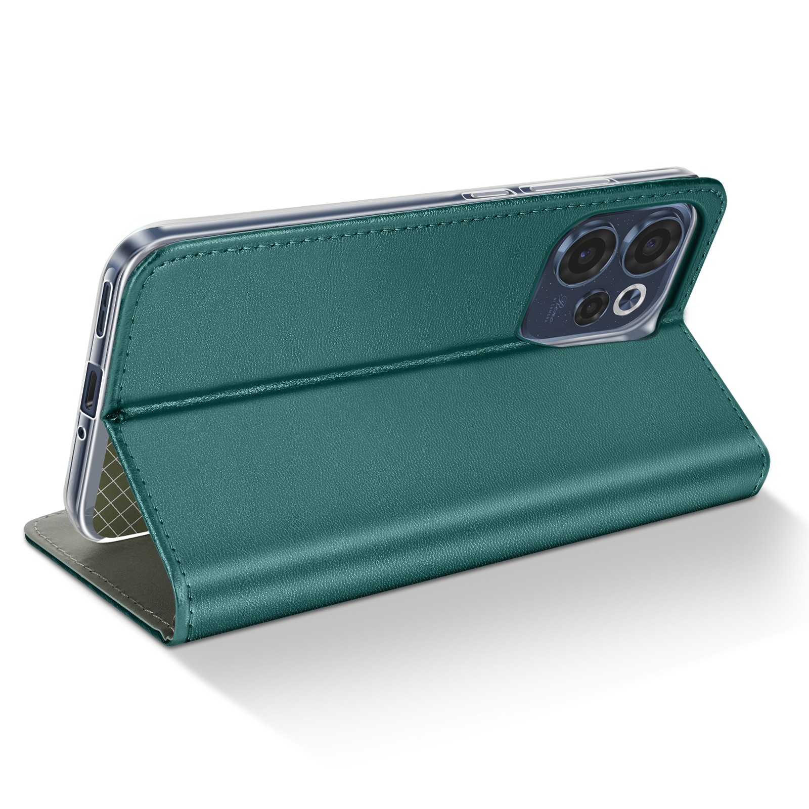 Un smartphone en étui à rabat vert sarcelle sur fond blanc.