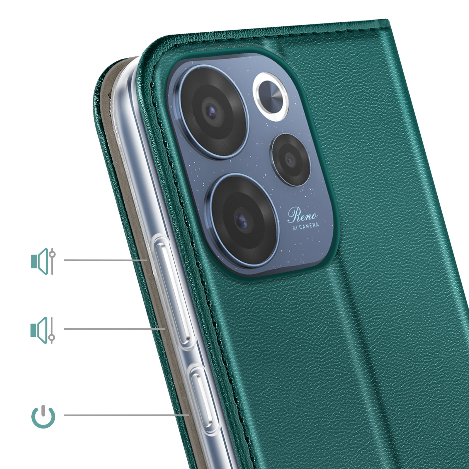 Gros plan d'une coque de téléphone verte avec module caméra et boutons.