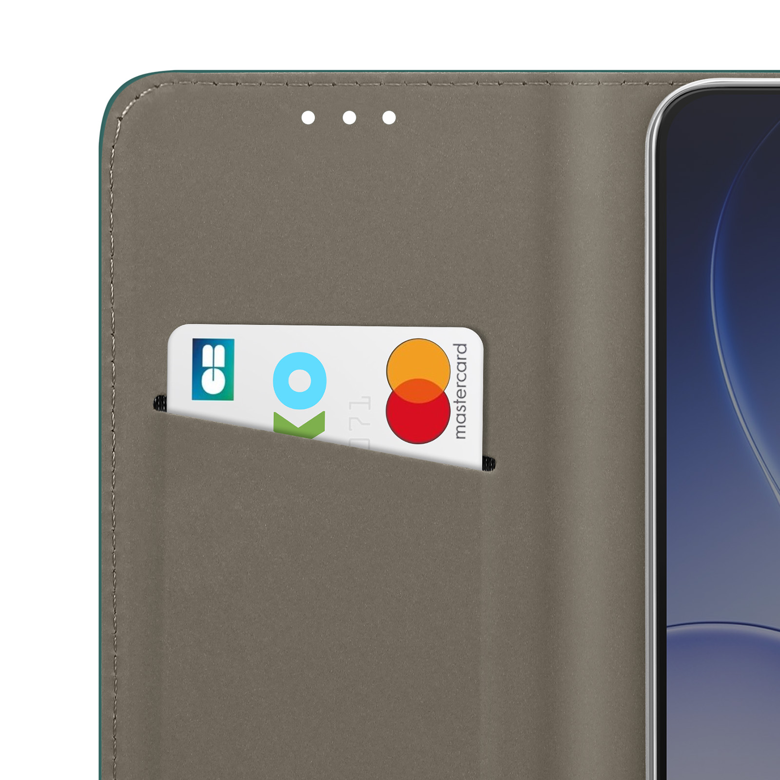 Étui de téléphone gris avec fente pour carte et Mastercard.