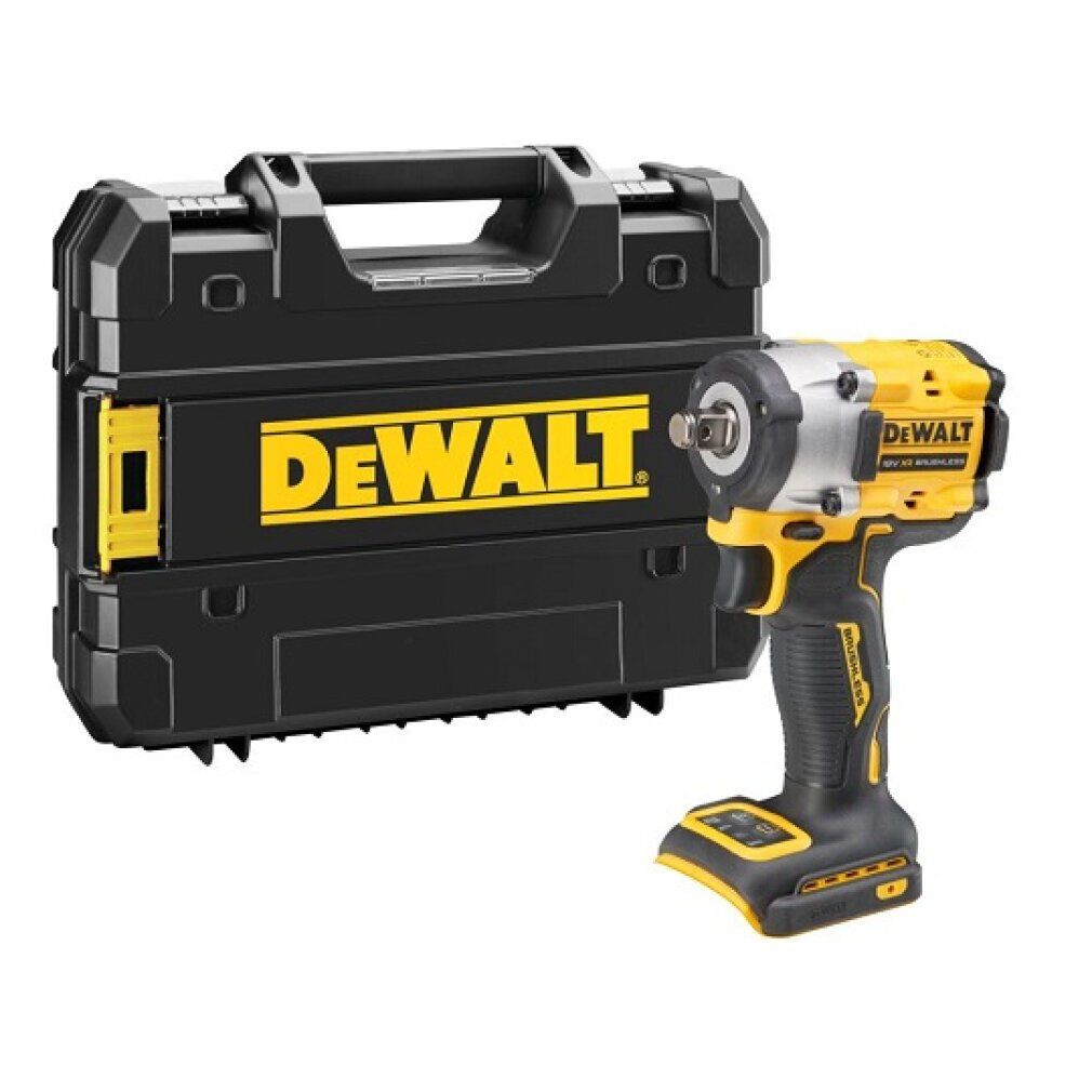 Ein gelber und schwarzer DeWalt Schlagschrauber mit Koffer.