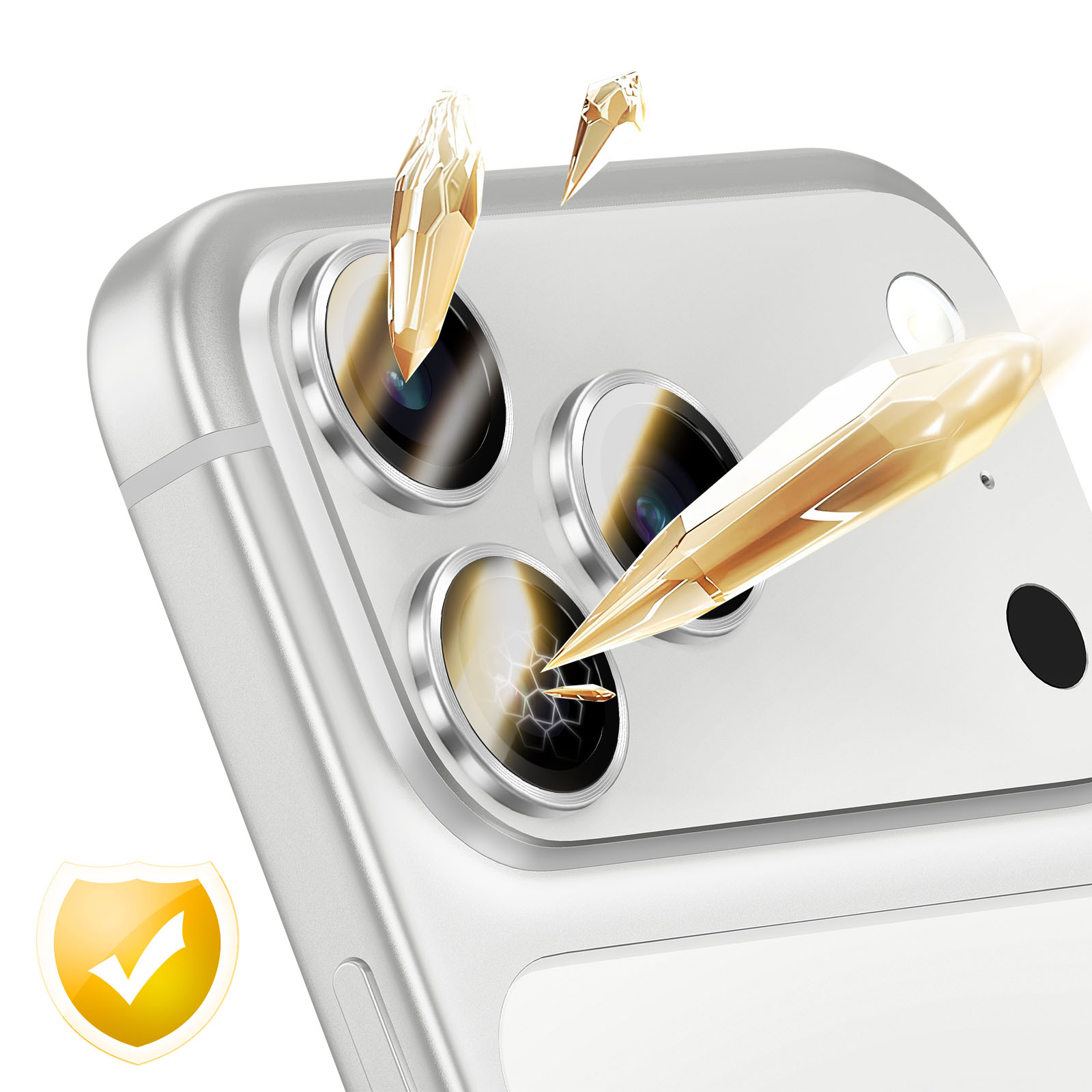 Close-up van een zilveren iPhone met drie camera's en kristallen scherven.