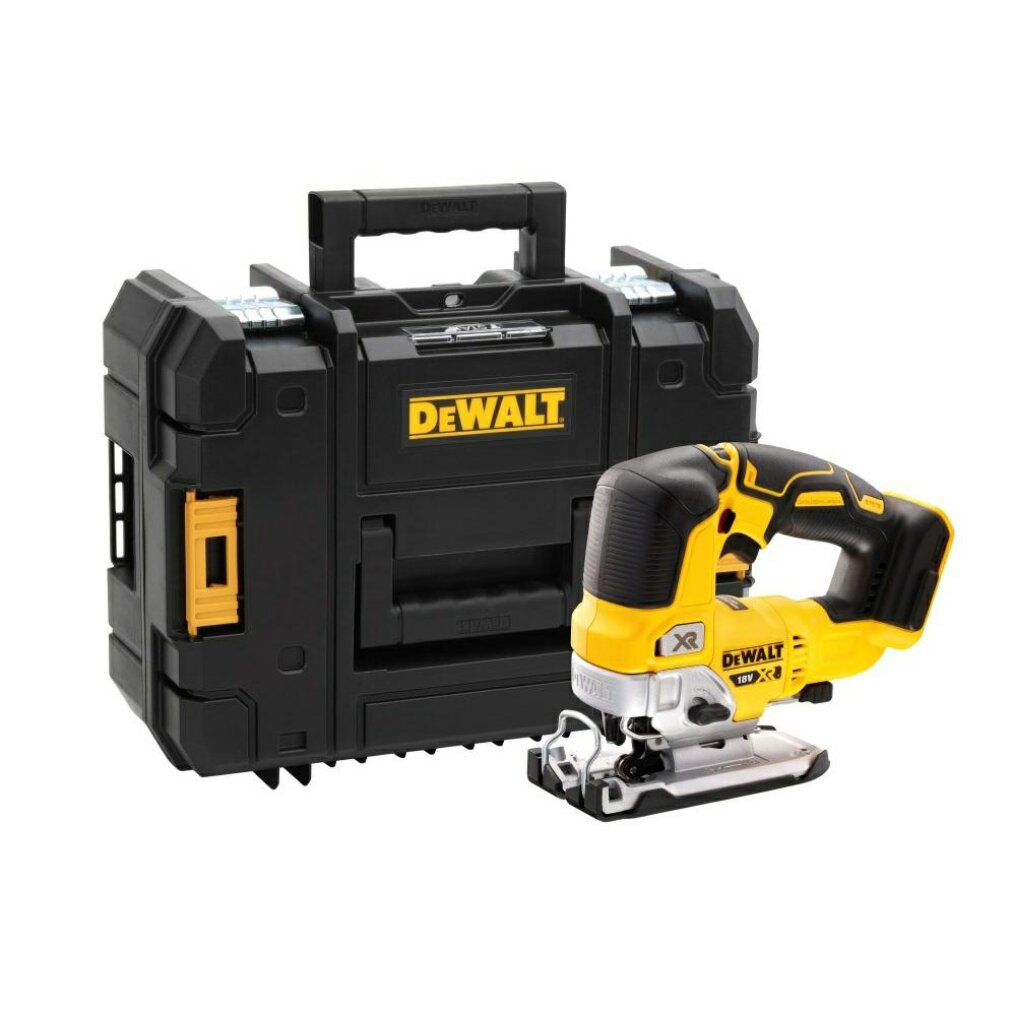 Sierra de calar DeWalt amarilla y negra junto a caja de herramientas DeWalt negra sobre fondo blanco.