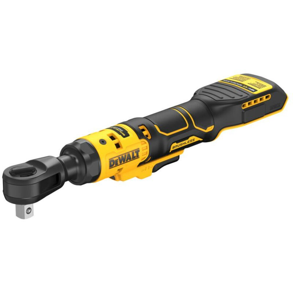 Een gele en zwarte DeWalt accu ratelsleutel.