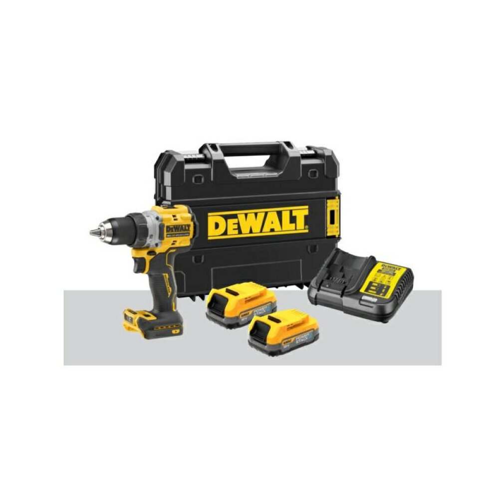 Perceuse DeWalt avec deux batteries, chargeur et étui.