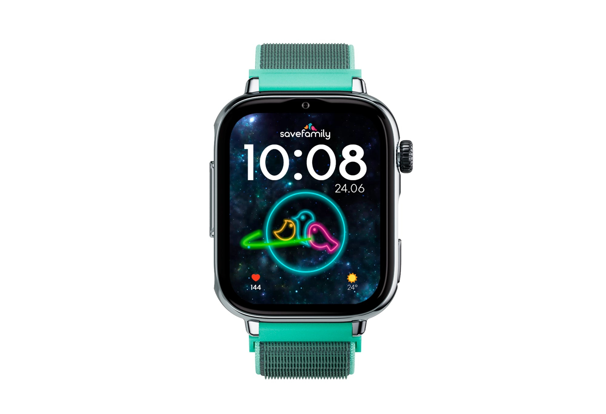 Uno smartwatch verde che mostra le 10:08 con sfondo spaziale.
