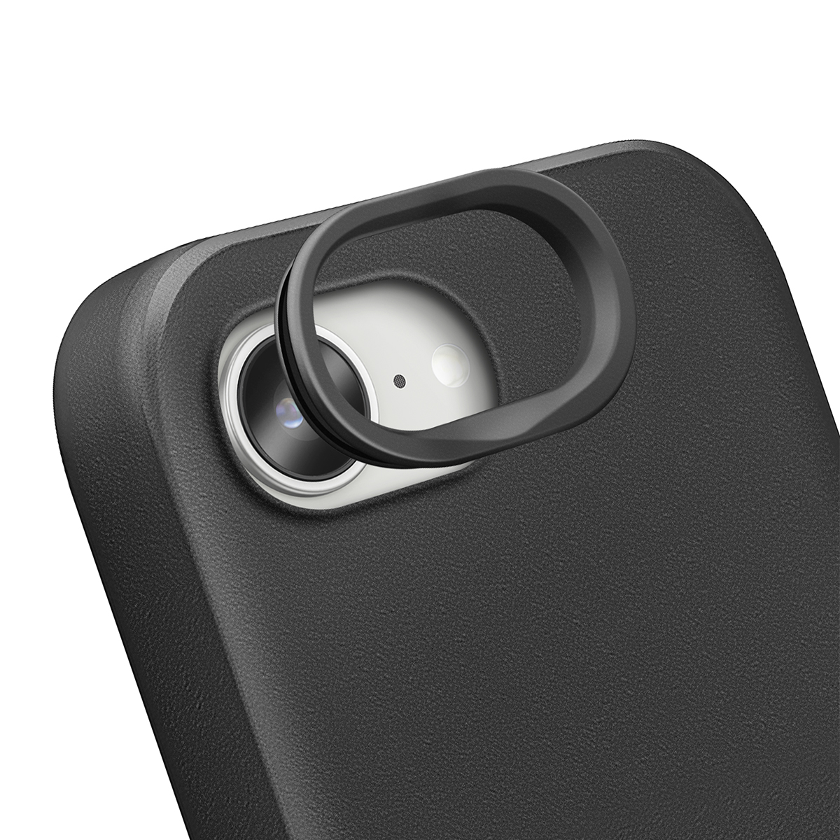 Close-up van een zwarte telefoonhoes met een ronde lenshouder.