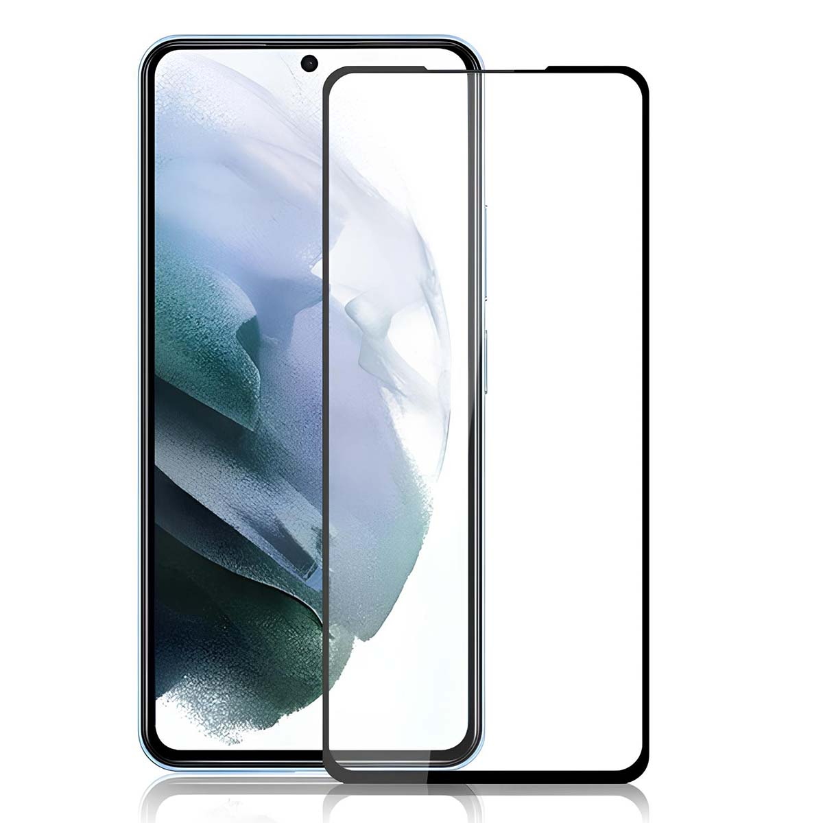 Un smartphone con protector de pantalla de vidrio. La pantalla muestra un gráfico abstracto con patrón azul y blanco.