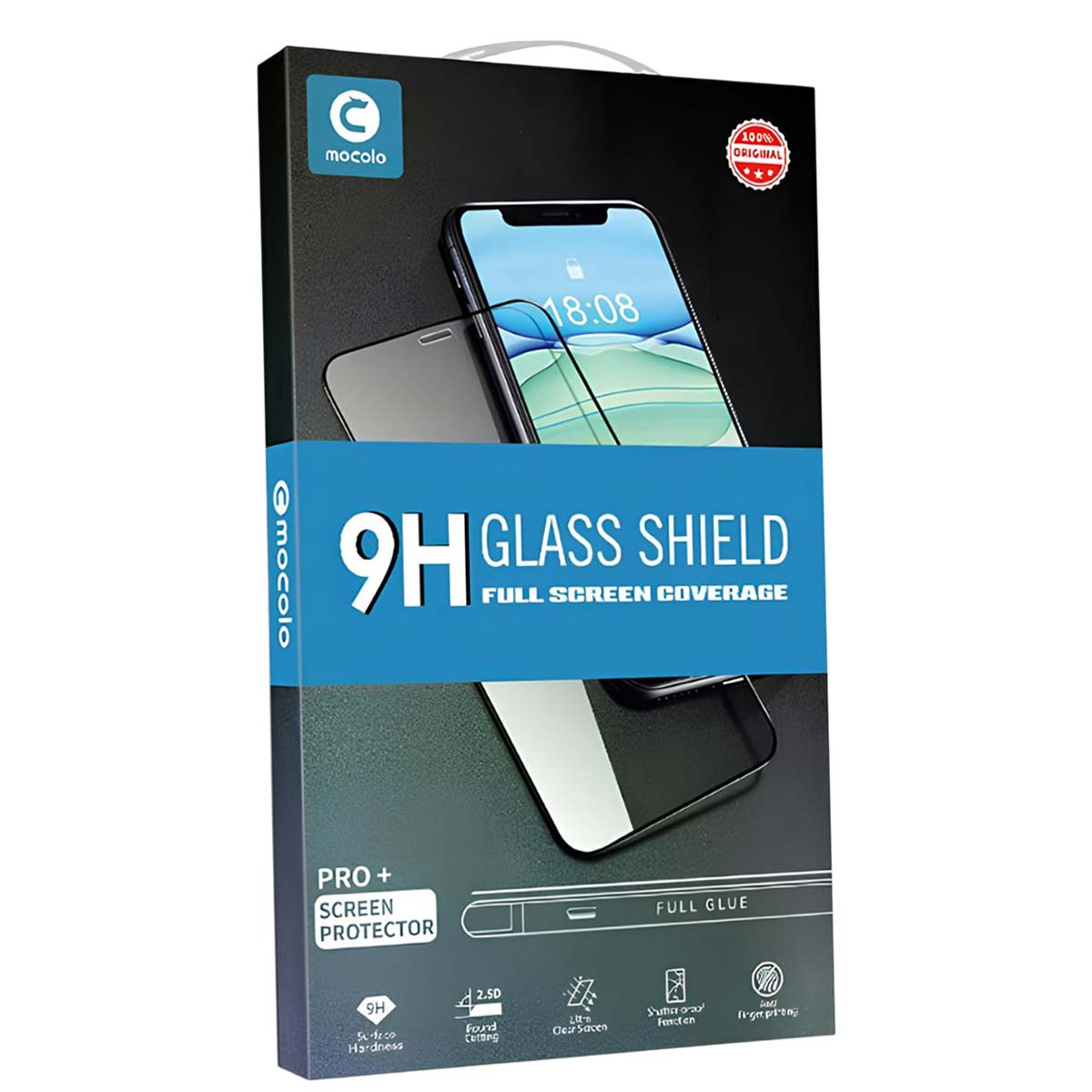 Caja de protector de pantalla de vidrio 9H con pantalla de smartphone.
