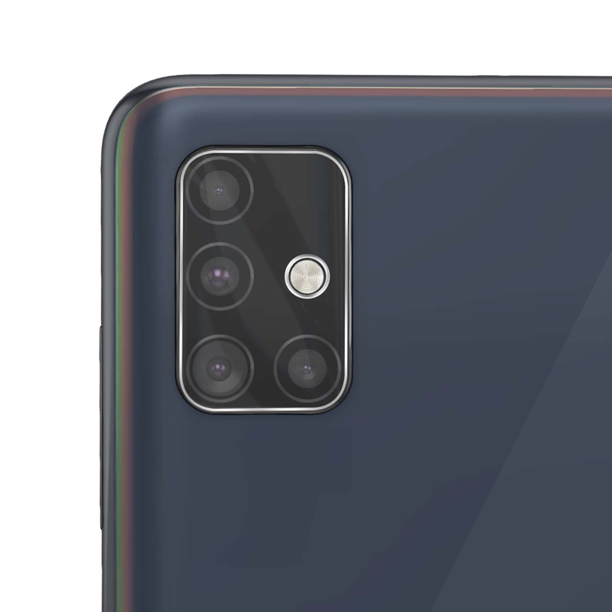 Retro di uno smartphone scuro con modulo fotocamera rettangolare e quattro obiettivi.