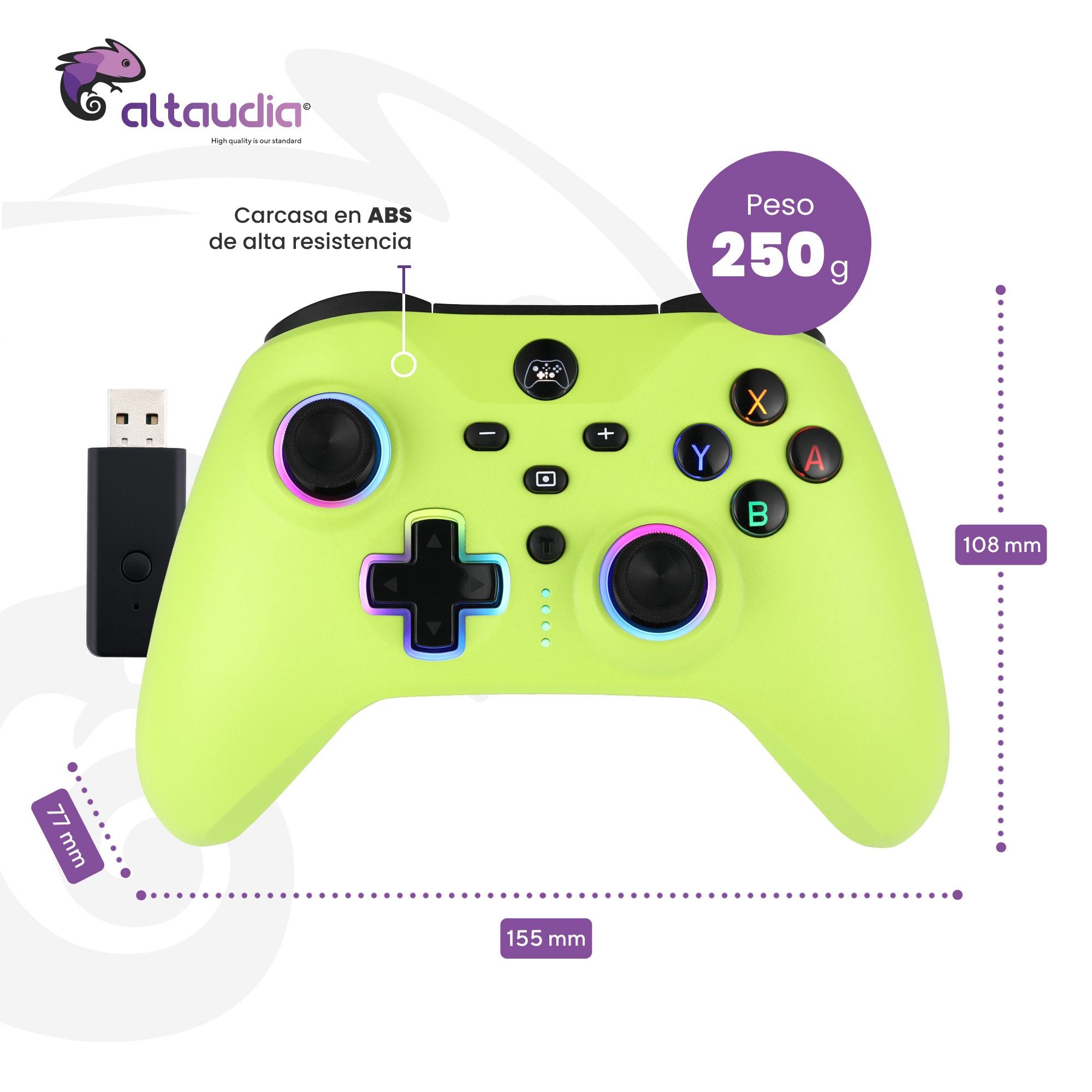 Un controlador verde claro con receptor USB, peso de 250g y dimensiones.