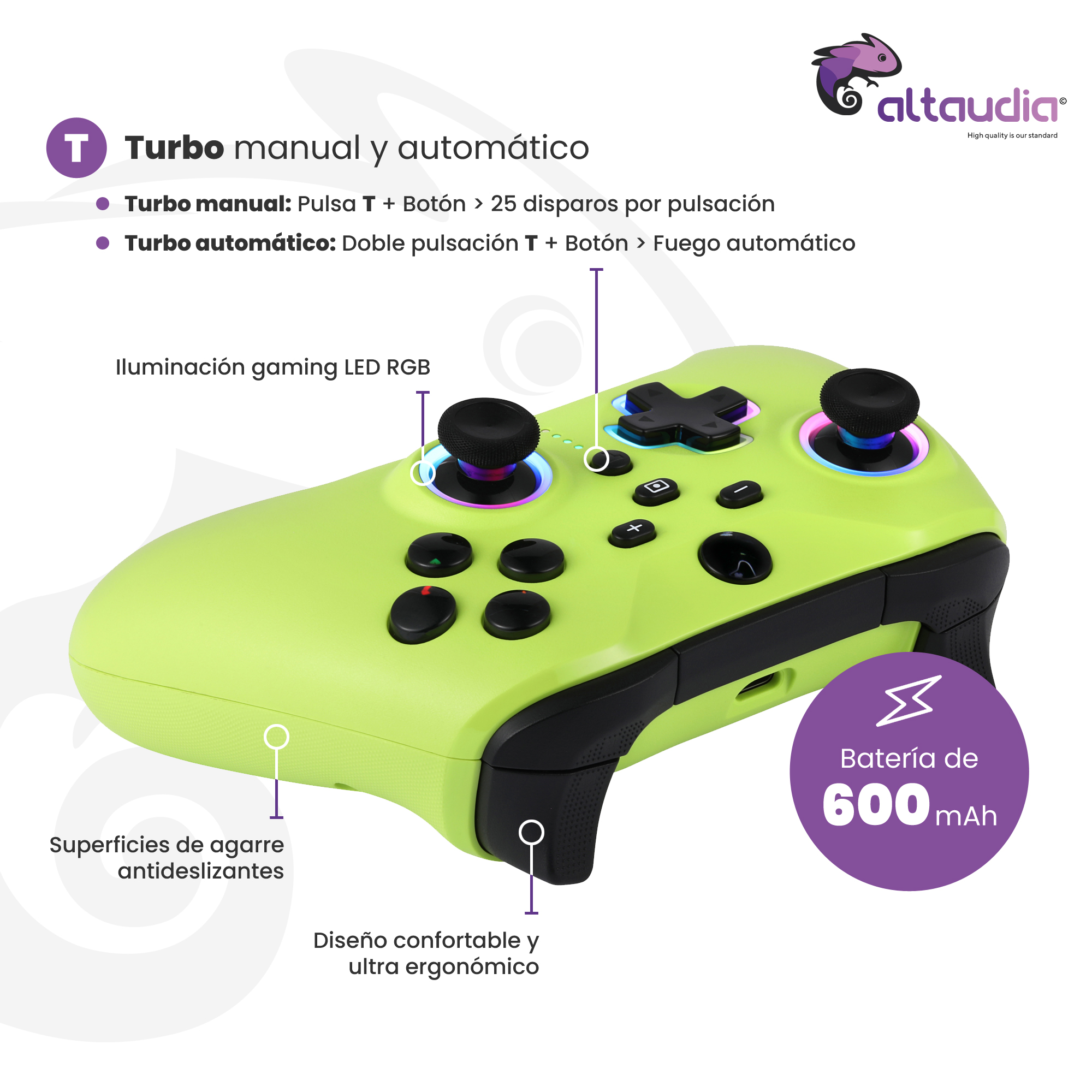 Un controlador verde lima con botones negros e iluminación RGB.