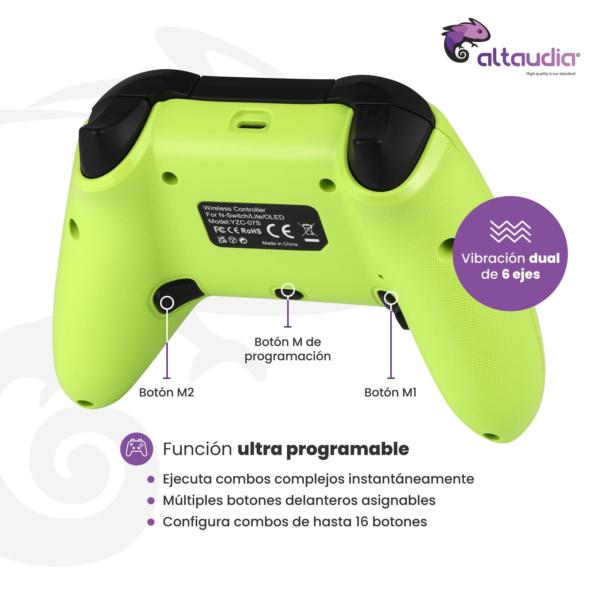 Un control verde brillante con detalles negros, que muestra etiquetas para botones y funciones.