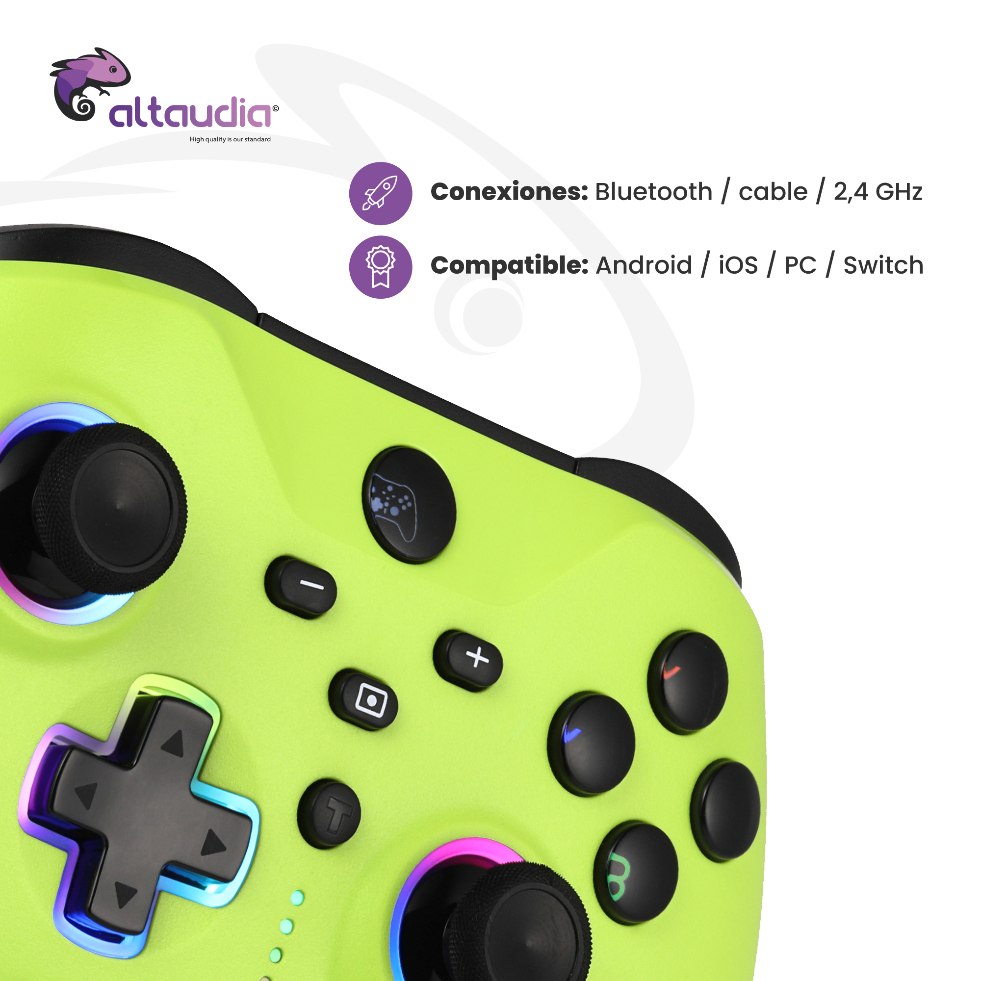 Un mando verde brillante con botones negros y luces de colores.