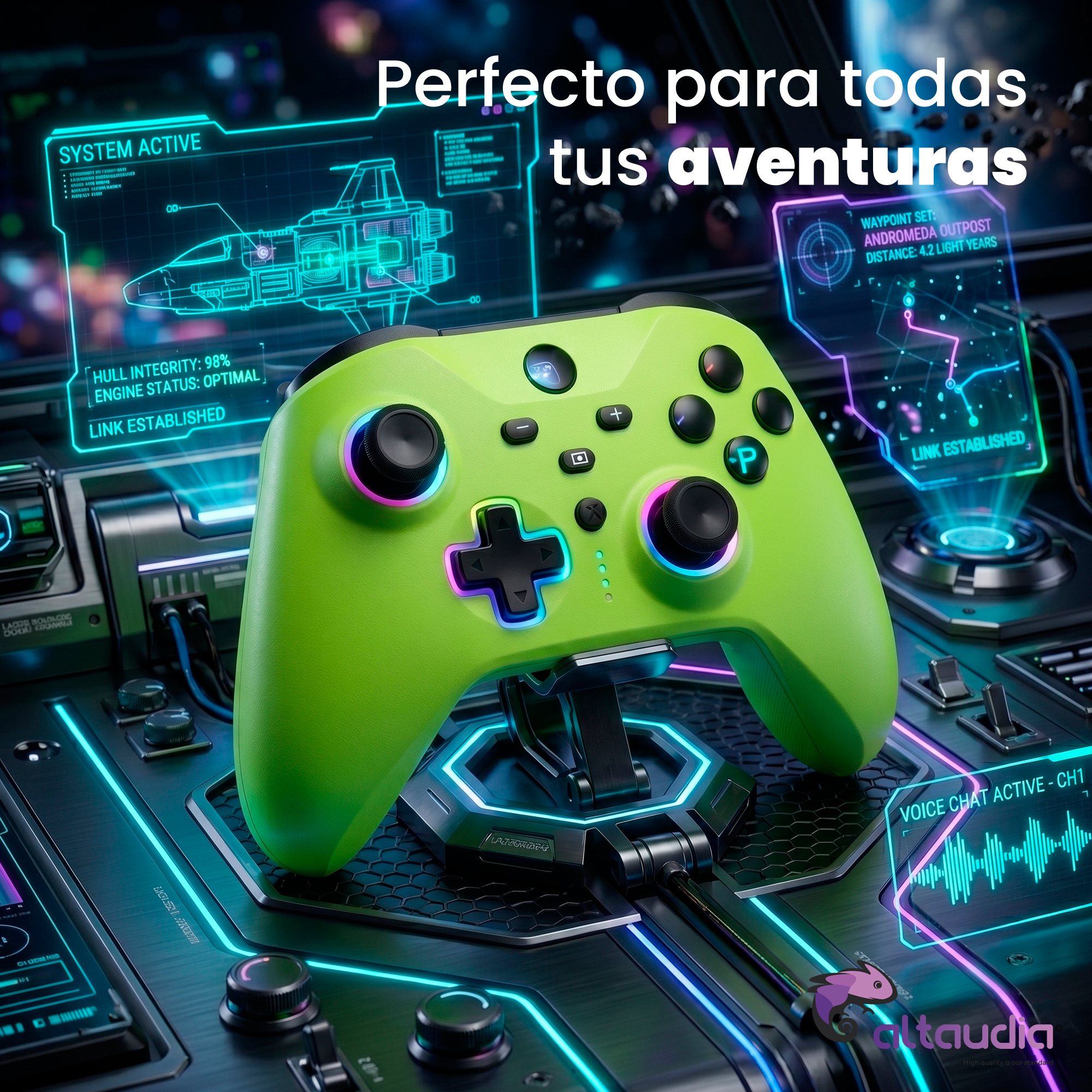 Un mando verde descansa sobre una consola futurista con pantallas brillantes.