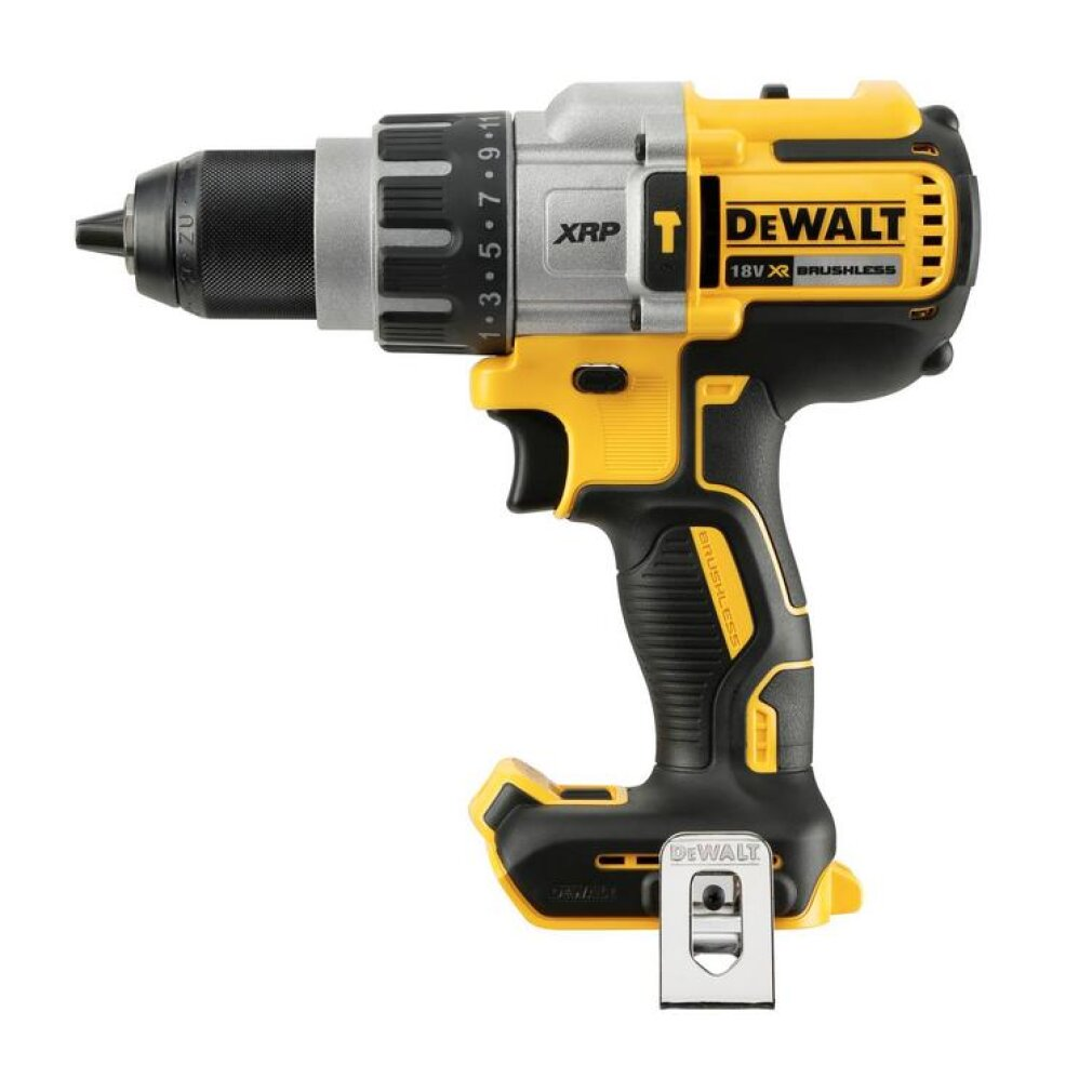Ein gelber und schwarzer DeWalt Akkuschrauber mit silbernen Akzenten.