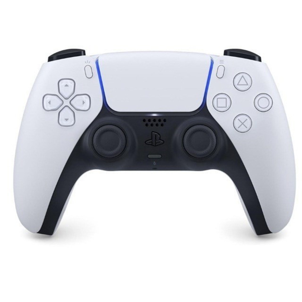 Biały kontroler PlayStation 5 DualSense z czarnymi uchwytami i niebieskimi akcentami.