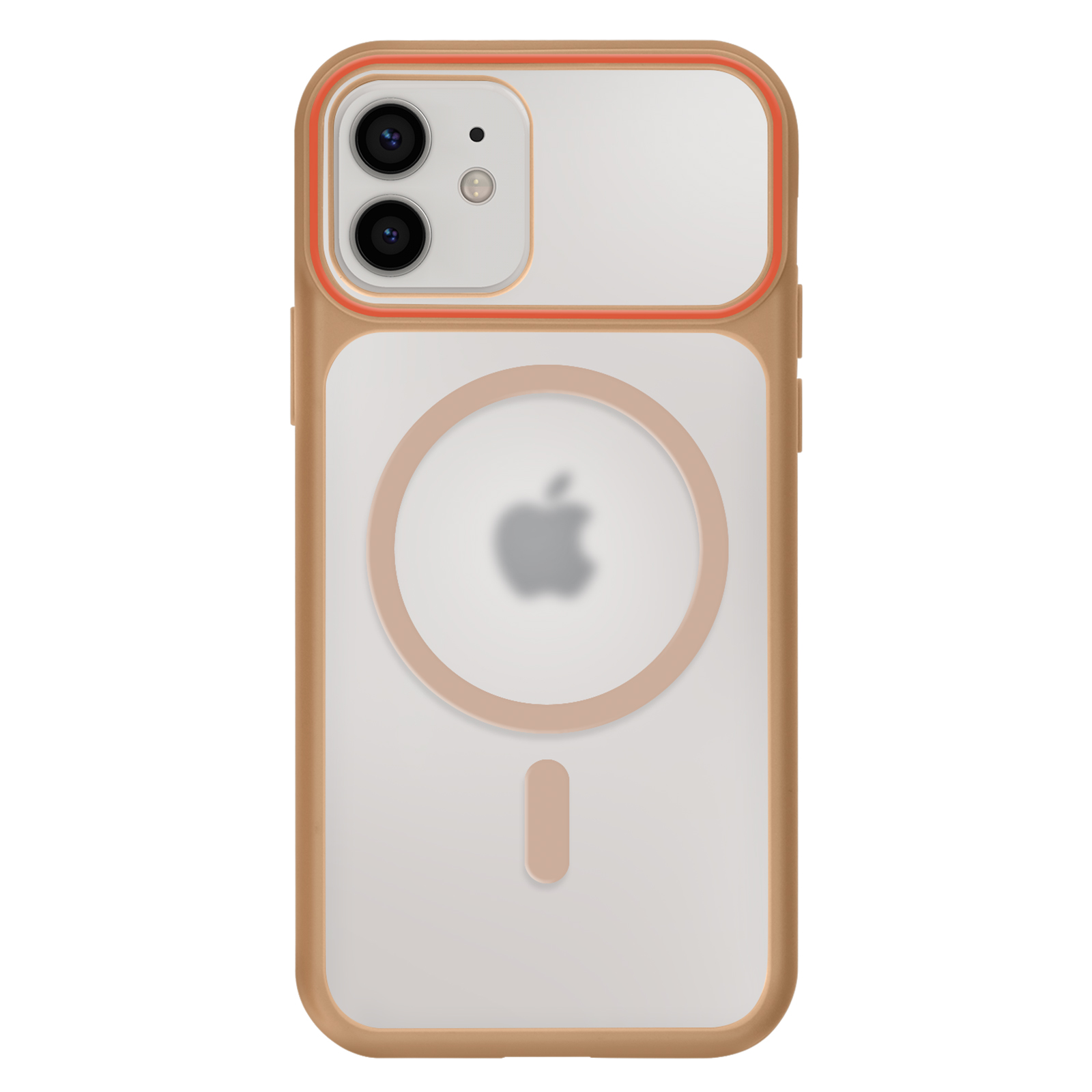 Een doorzichtige iPhone hoes met oranje rand, cameralenzen en Apple-logo.