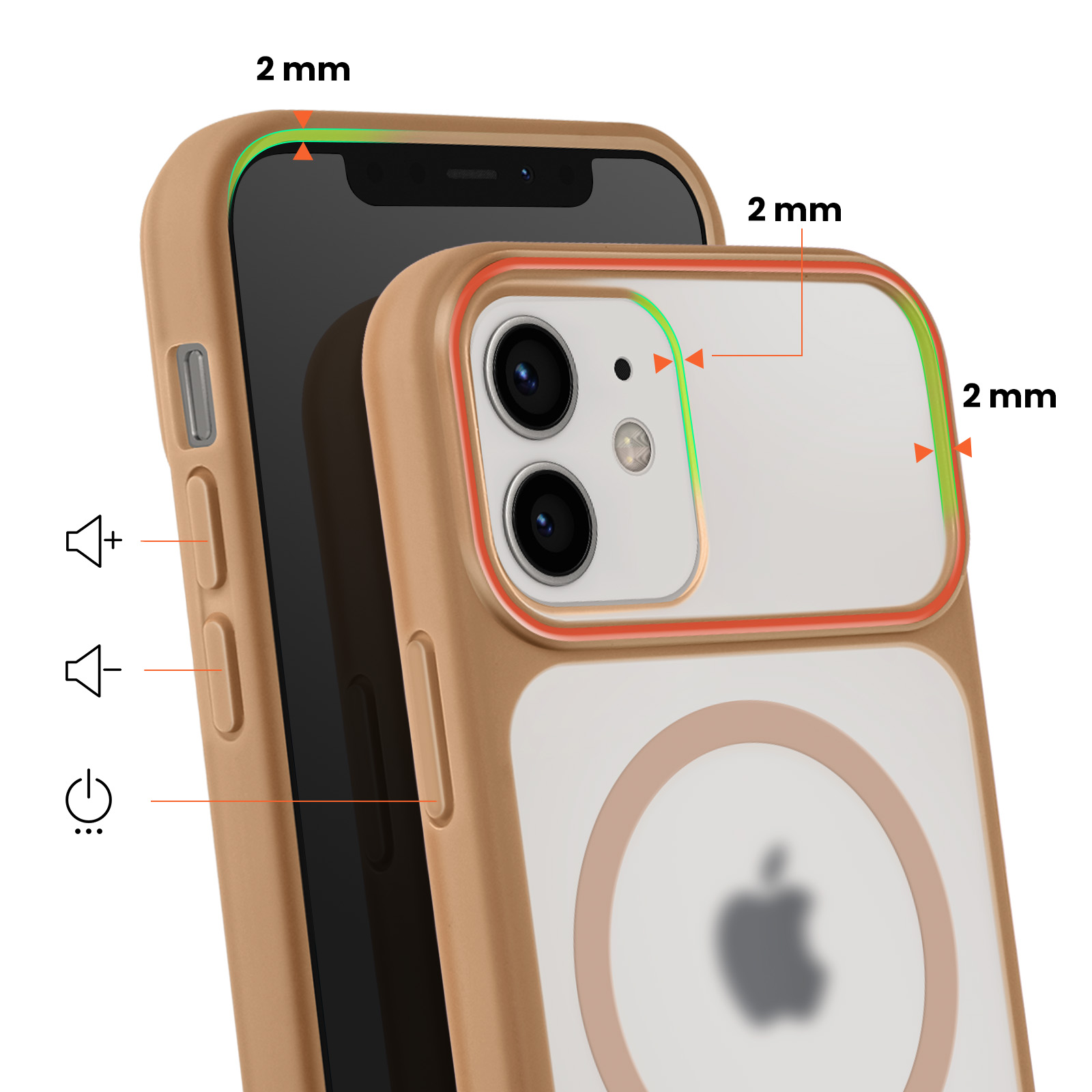 Een beige telefoonhoes met doorzichtige achterkant toont 2 mm verhoogde randen.