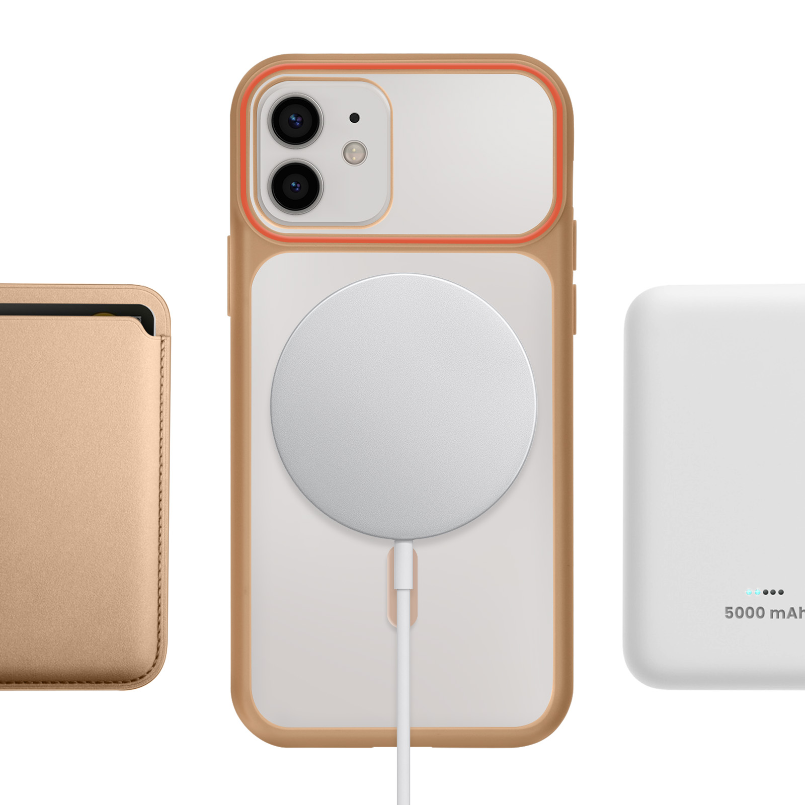 Een gouden kaarthouder, een iPhone met MagSafe-oplader en een witte powerbank.