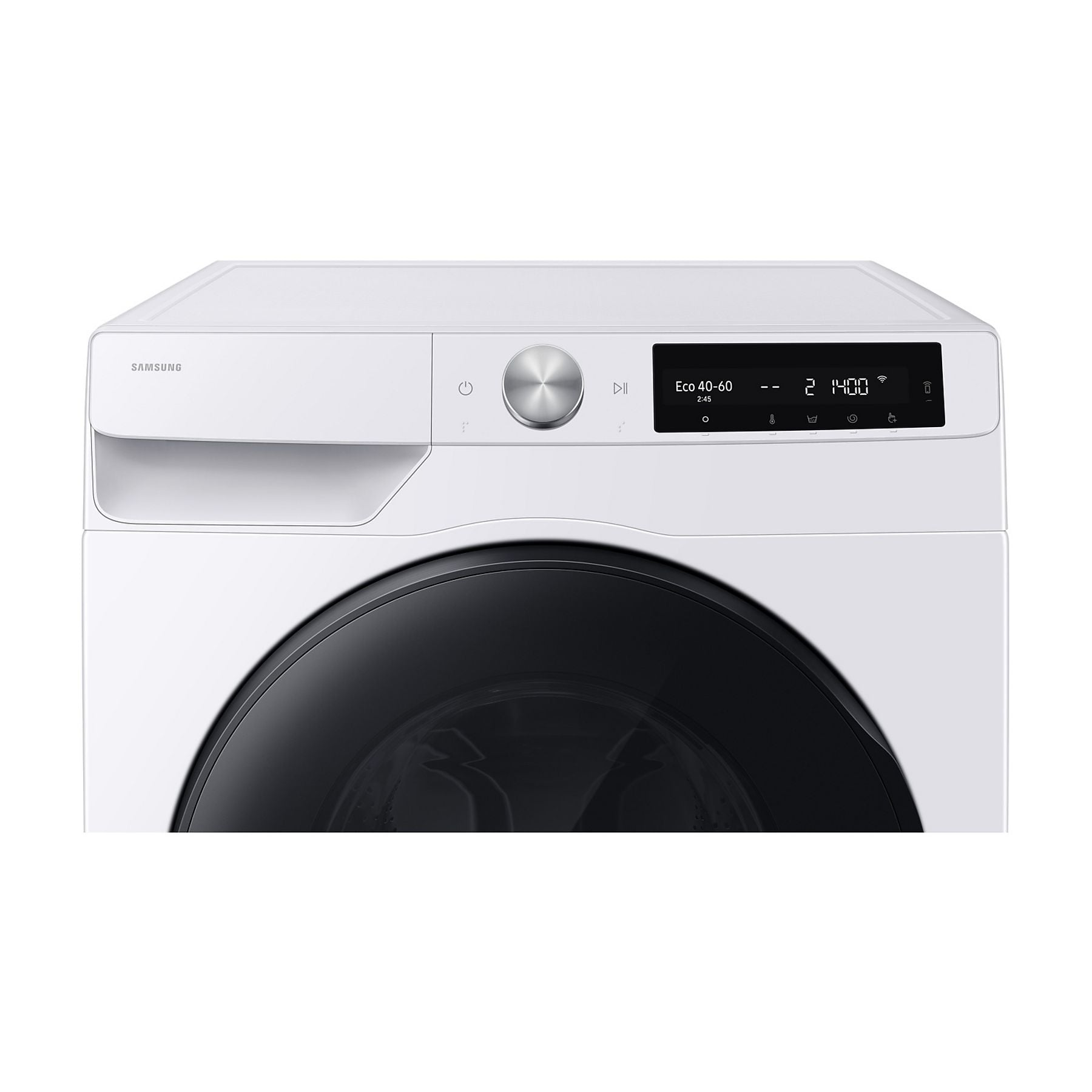 Weiße Samsung Waschmaschine mit schwarzer Tür und Bedienfeld.