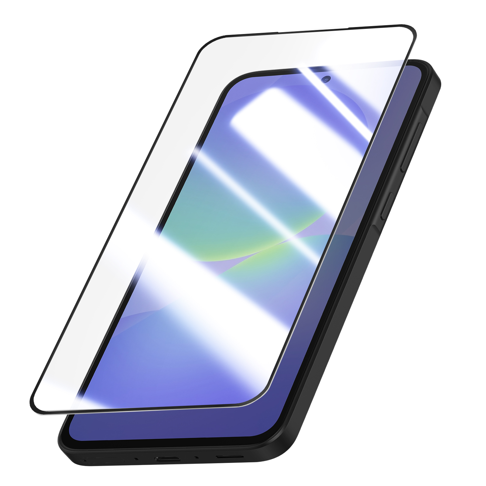 Een zwarte smartphone met een glazen screenprotector erop.