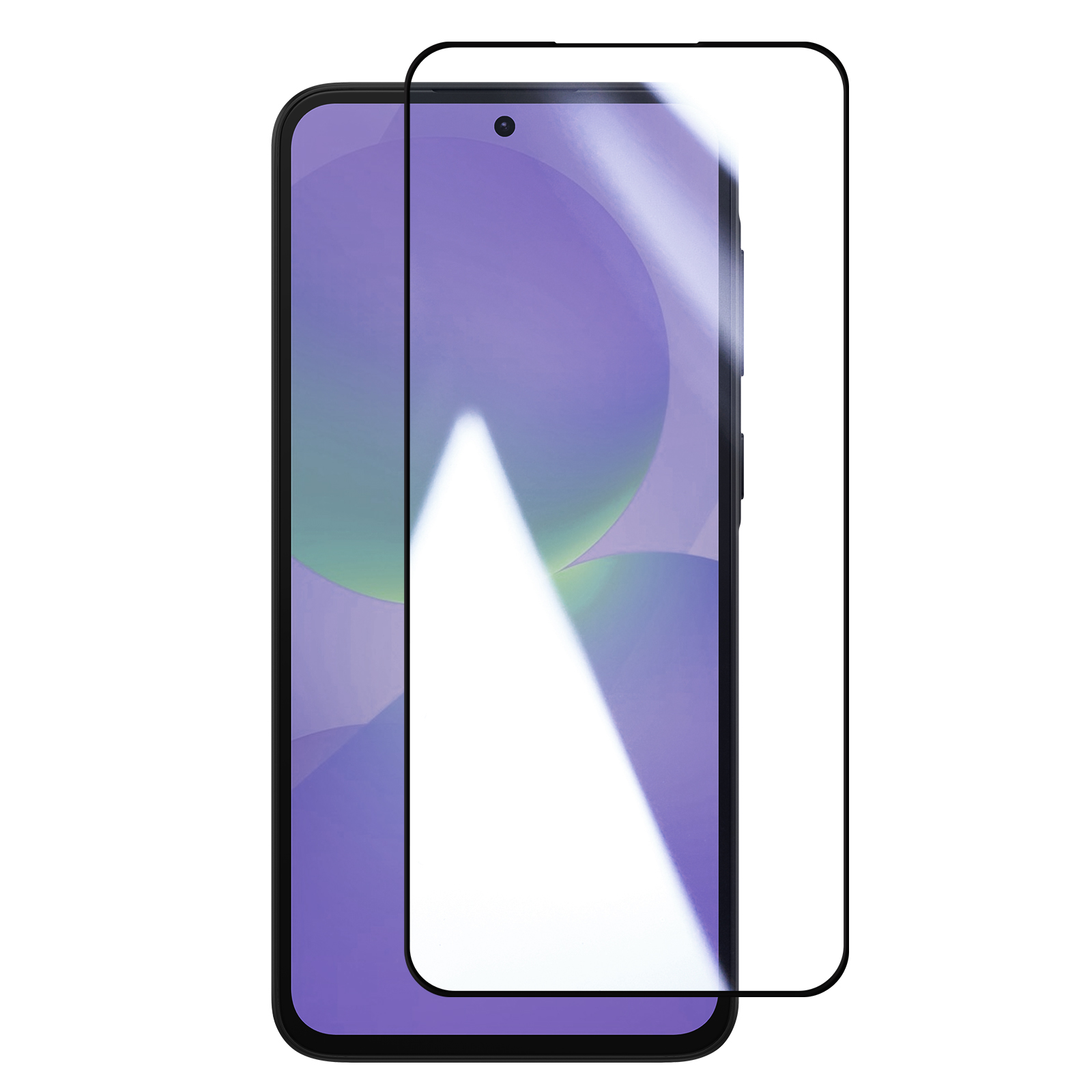 Een zwarte smartphone-schermprotector ligt op een paars display.