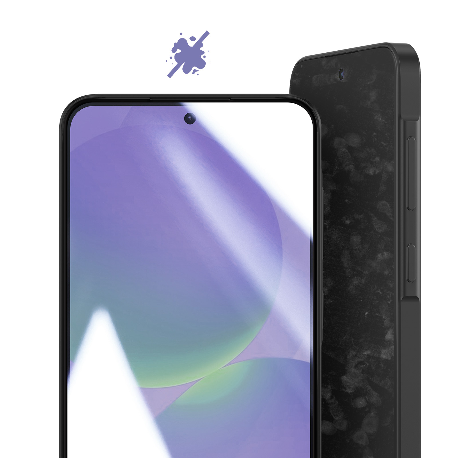 Twee zwarte smartphones naast elkaar. Eén toont een paars behang, de ander is besmeurd.