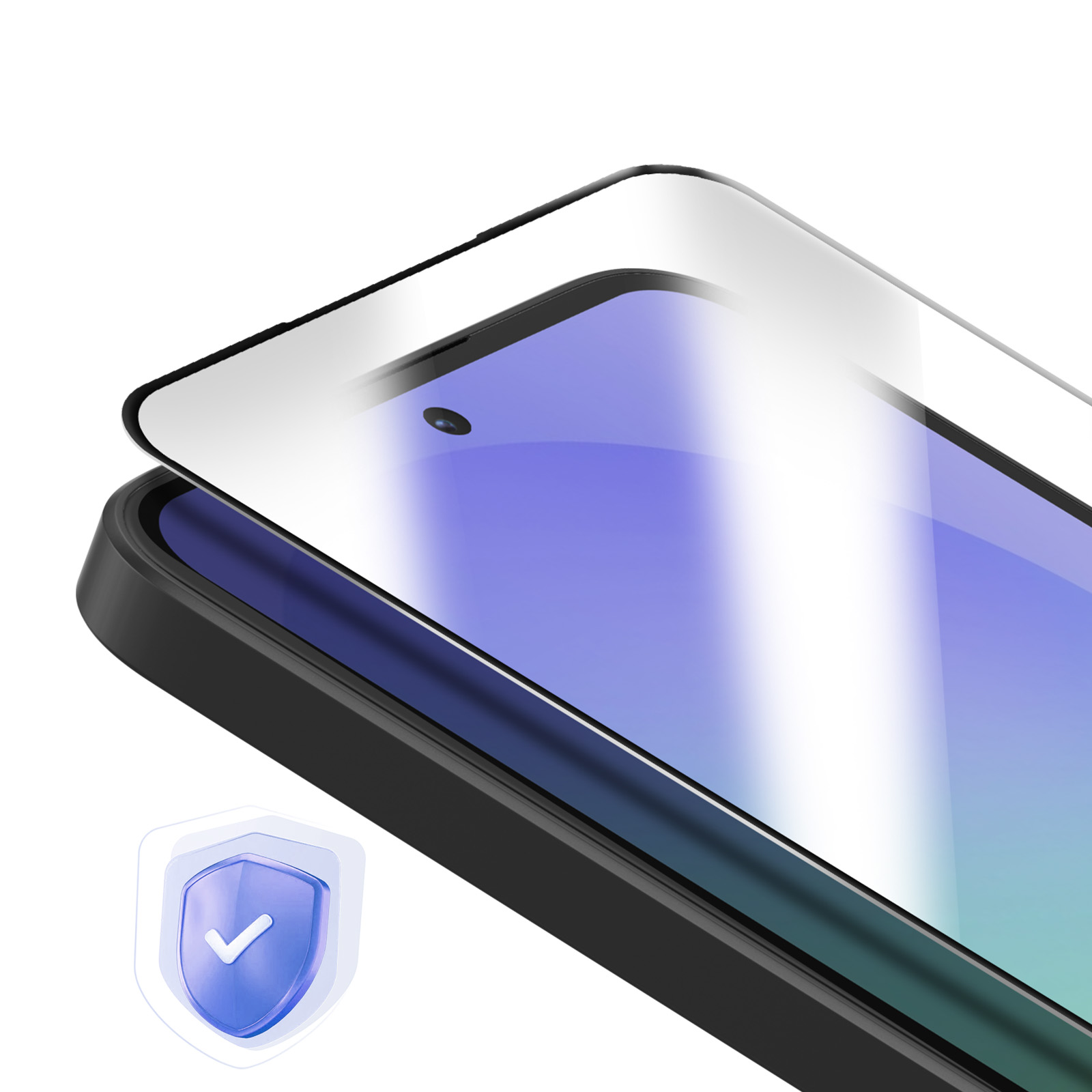 Een screenprotector wordt op een smartphone geplaatst, met een schild-icoon ernaast.