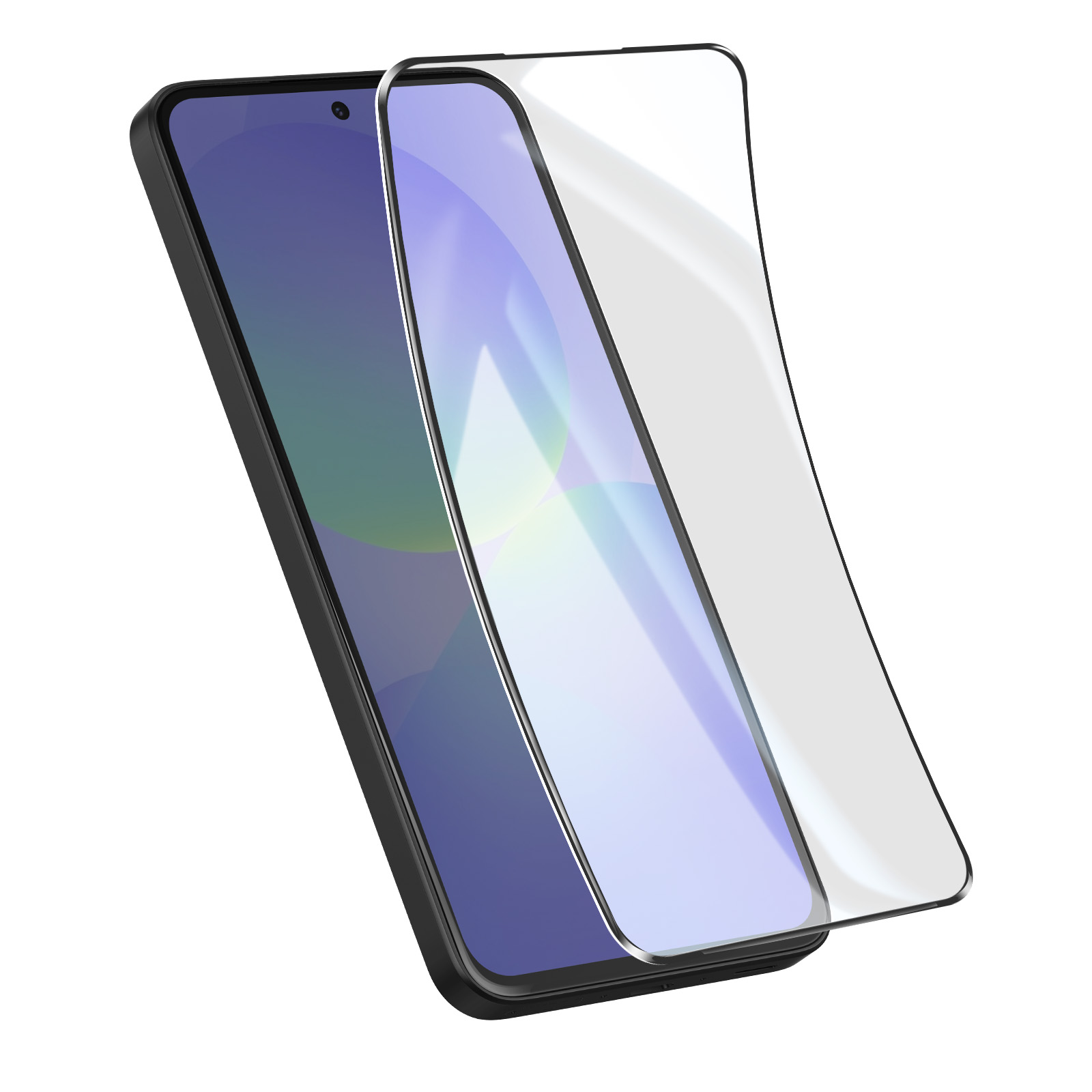 Een zwarte smartphone met een glazen screenprotector.