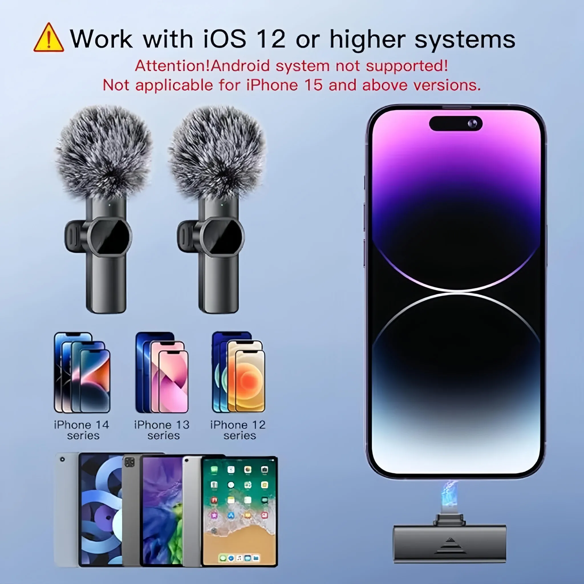 Zwei Mikrofone, iPhones, iPads und ein Ladeadapter sind zu sehen.