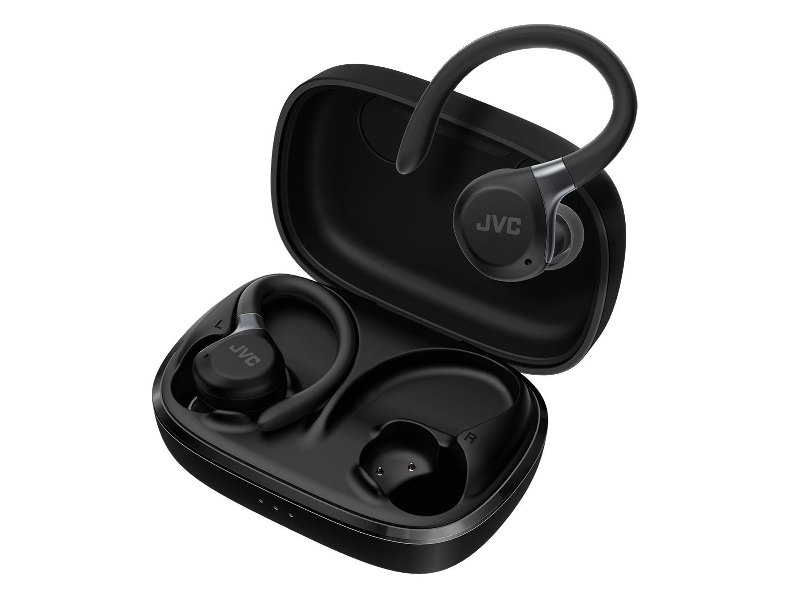 Auricolari JVC neri con custodia di ricarica, un auricolare in mano, l'altro nella custodia.