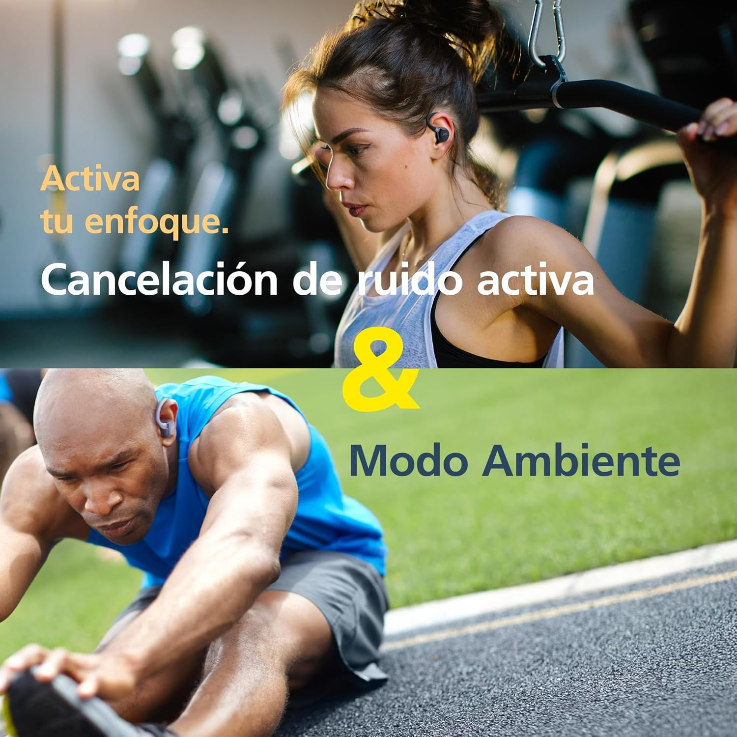Donna in palestra, uomo che si allunga all'aperto. Modalità focus e modalità ambiente.