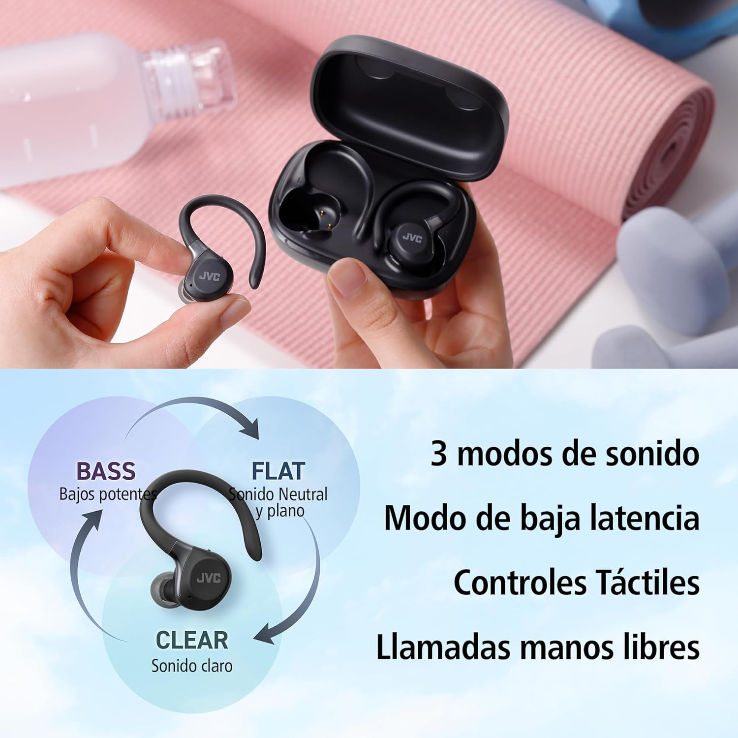 Auricolari JVC con custodia di ricarica, tappetino yoga e manubri. Modalità audio: Bass, Flat, Clear.