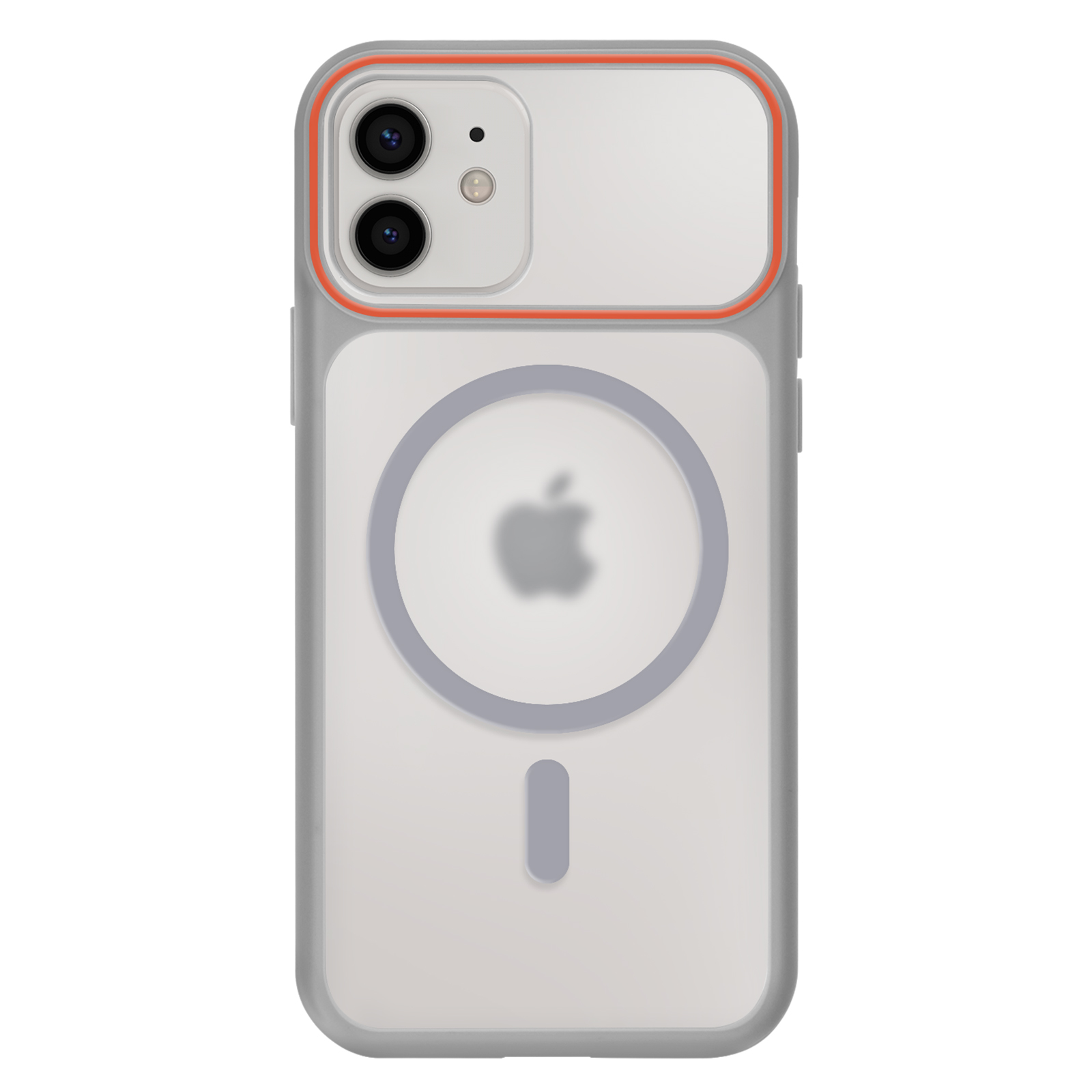 Coque grise pour iPhone avec contour orange, double appareil photo, logo Apple.