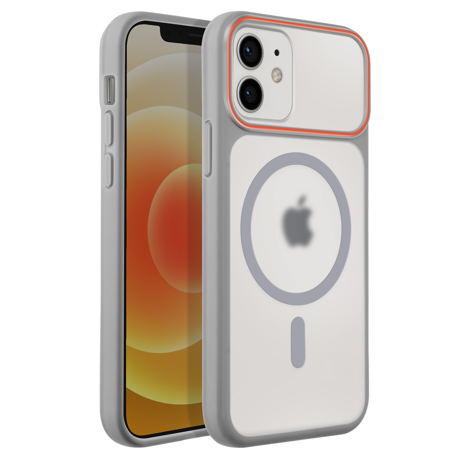 iPhone gris avec une coque blanche et un accent orange.