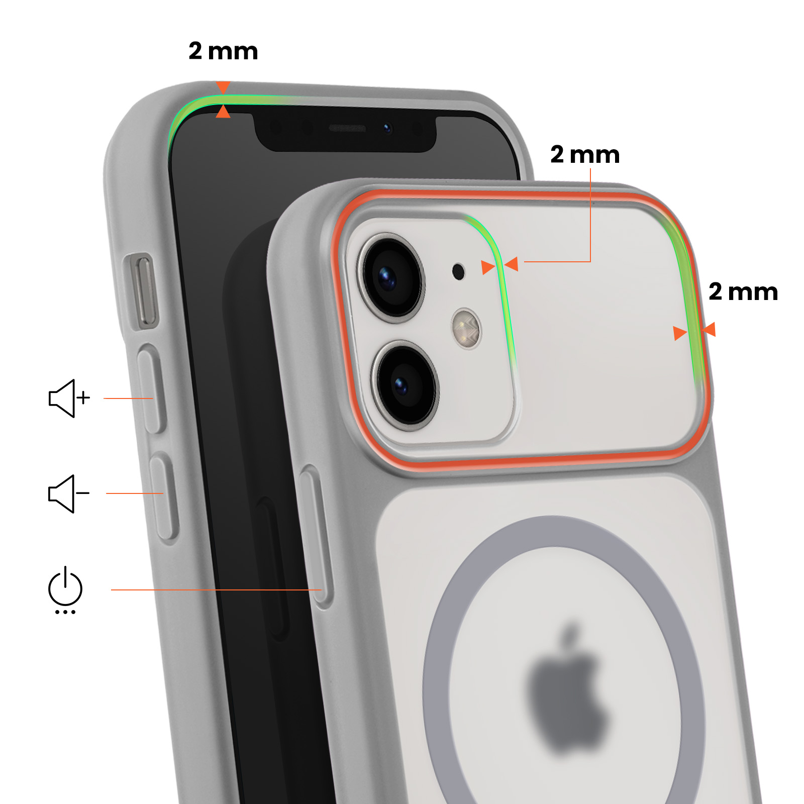 Un téléphone gris dans un étui transparent, montrant des bords protecteurs de 2mm.