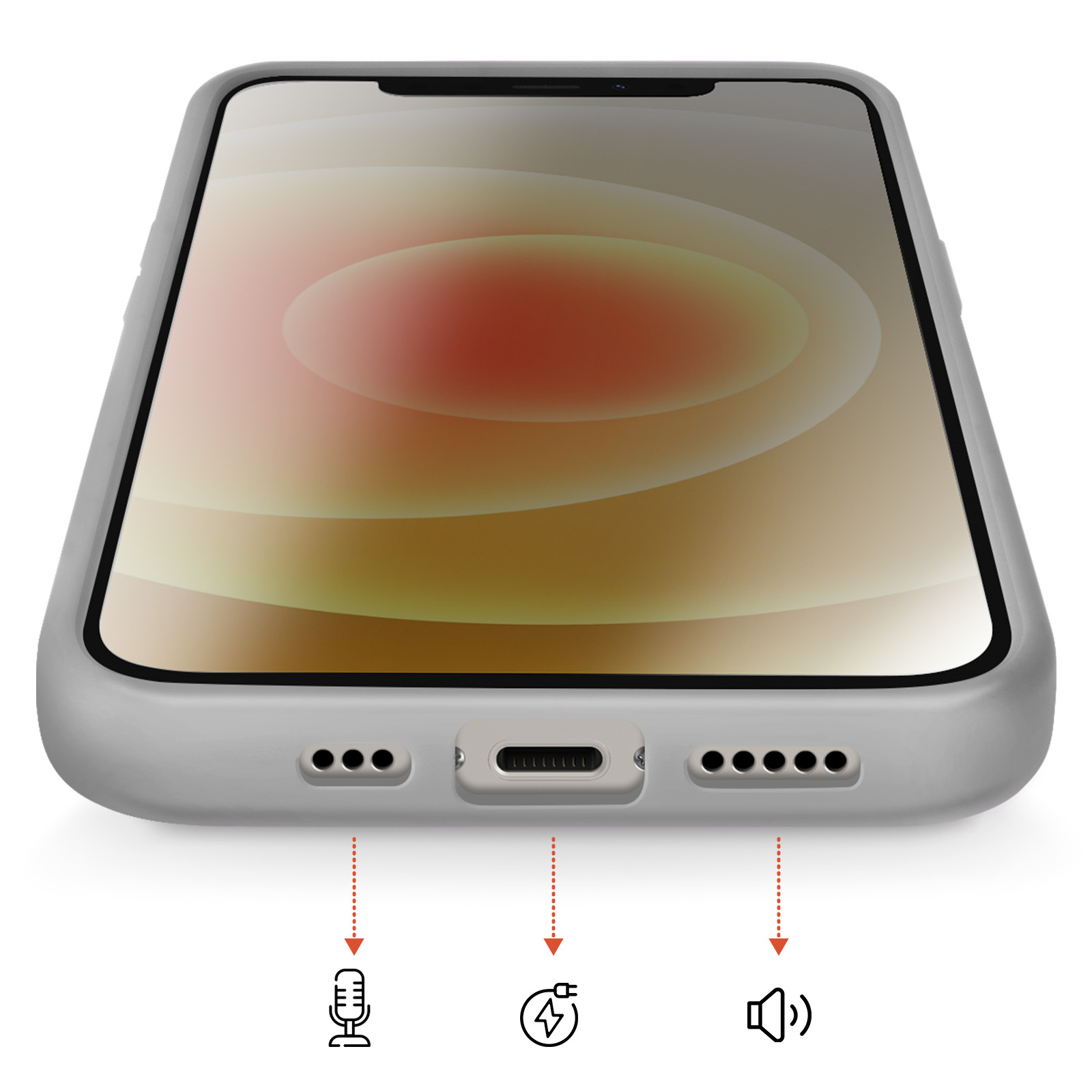 Un smartphone gris avec un fond stylisé. Des ports sont visibles en bas.
