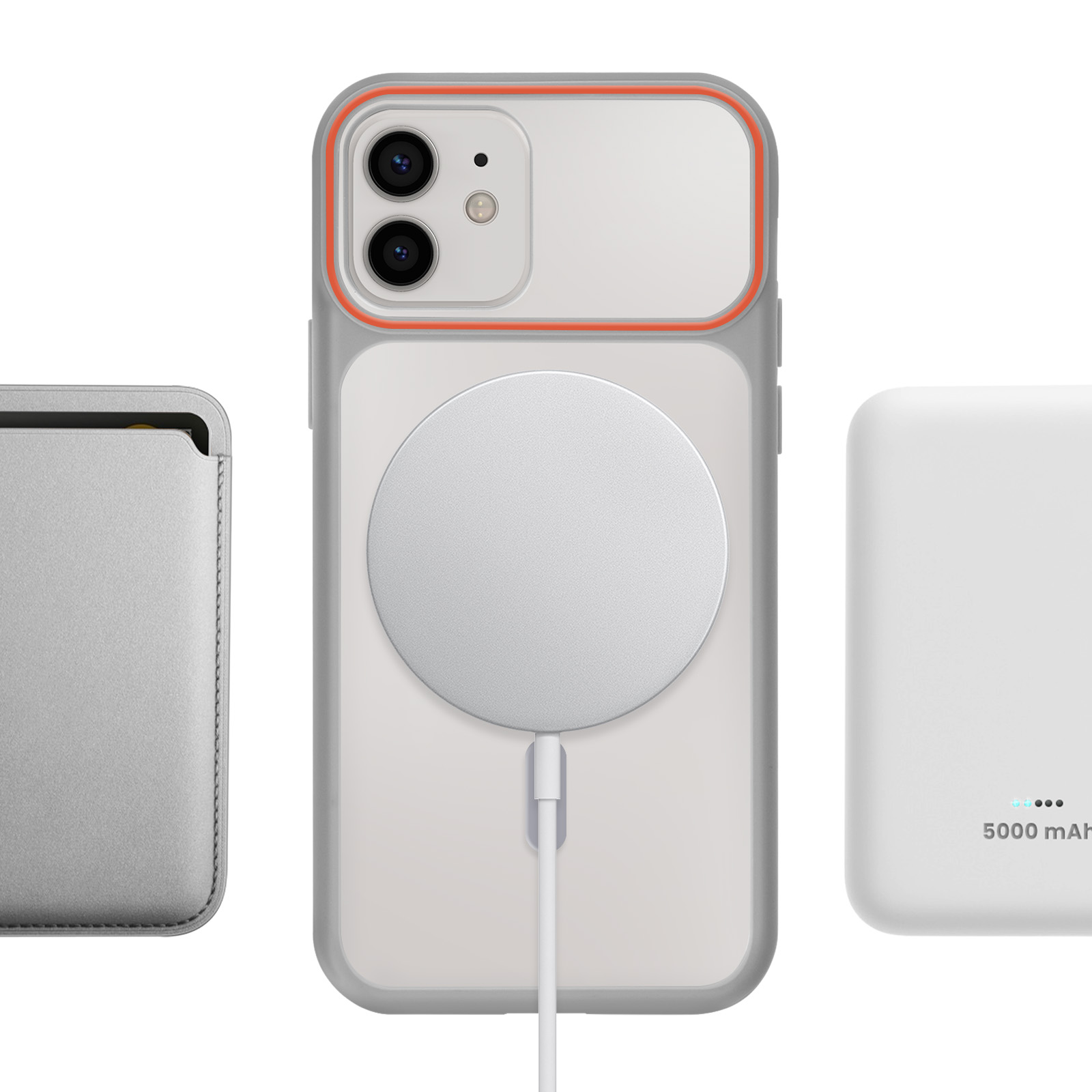 Un iPhone avec coque, chargeur MagSafe et batterie externe côte à côte.