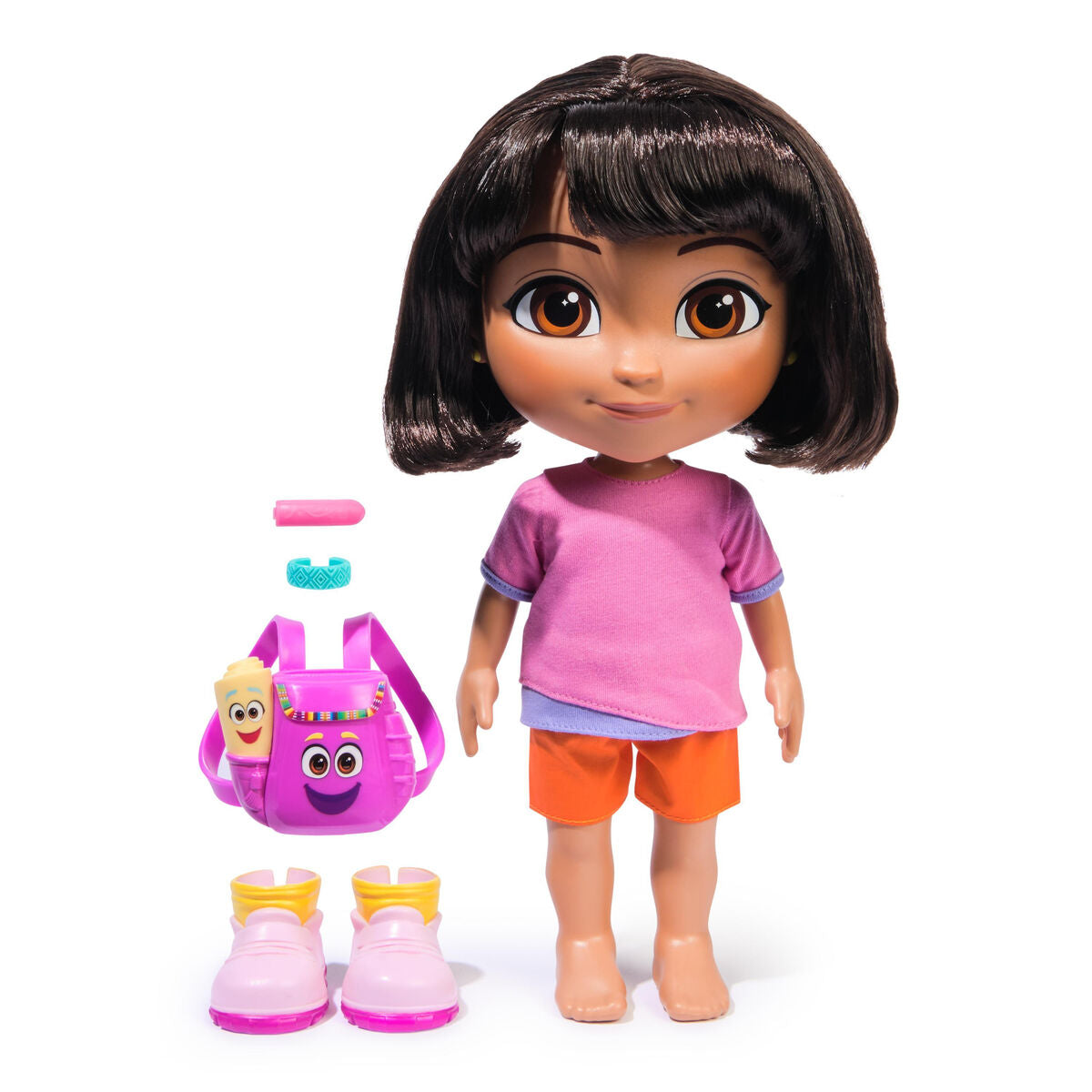 Dora-Puppe mit pinkem Rucksack, orangefarbener Hose und pinken Stiefeln.