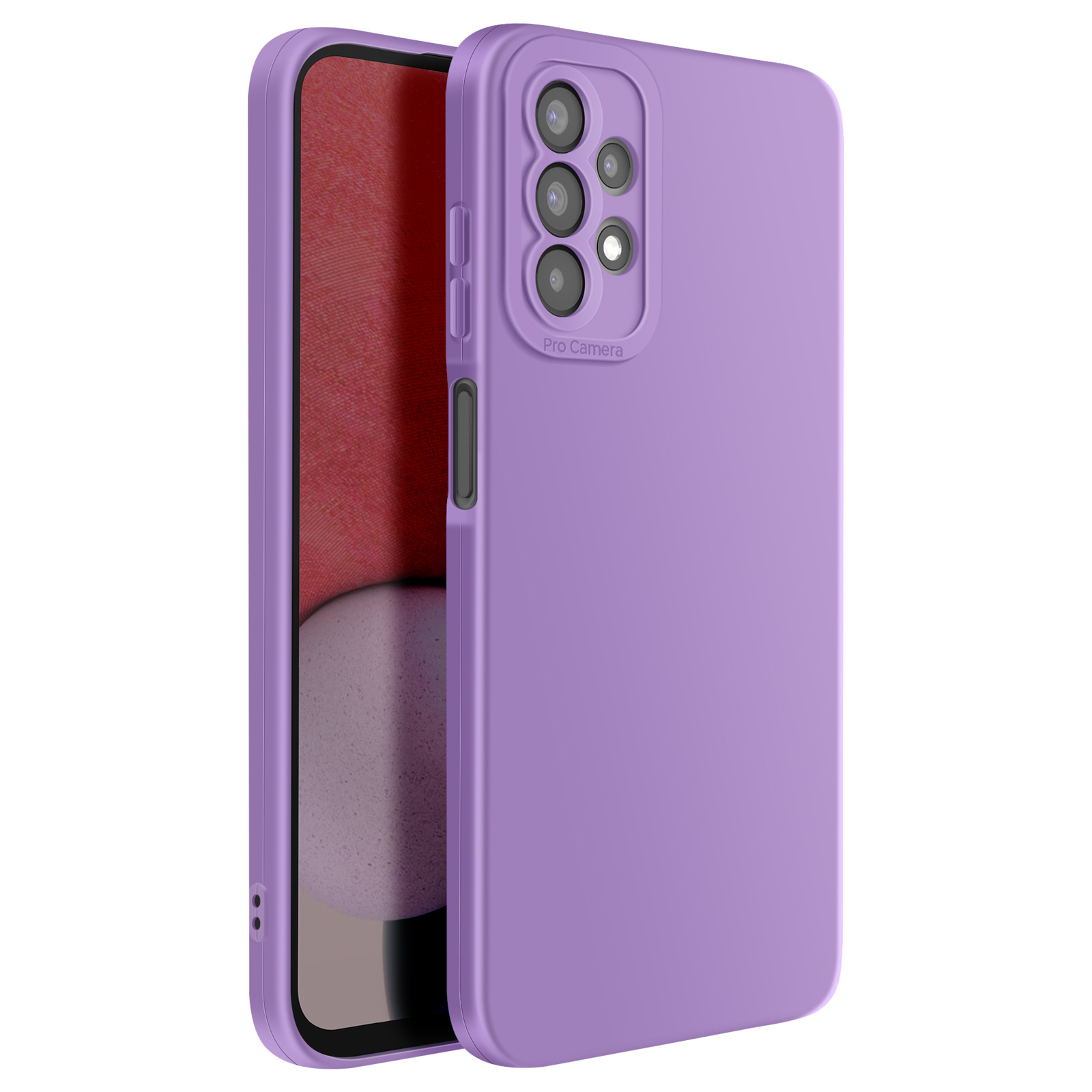 Una funda morada para teléfono con isla de cámara y botones, protegiendo un teléfono.