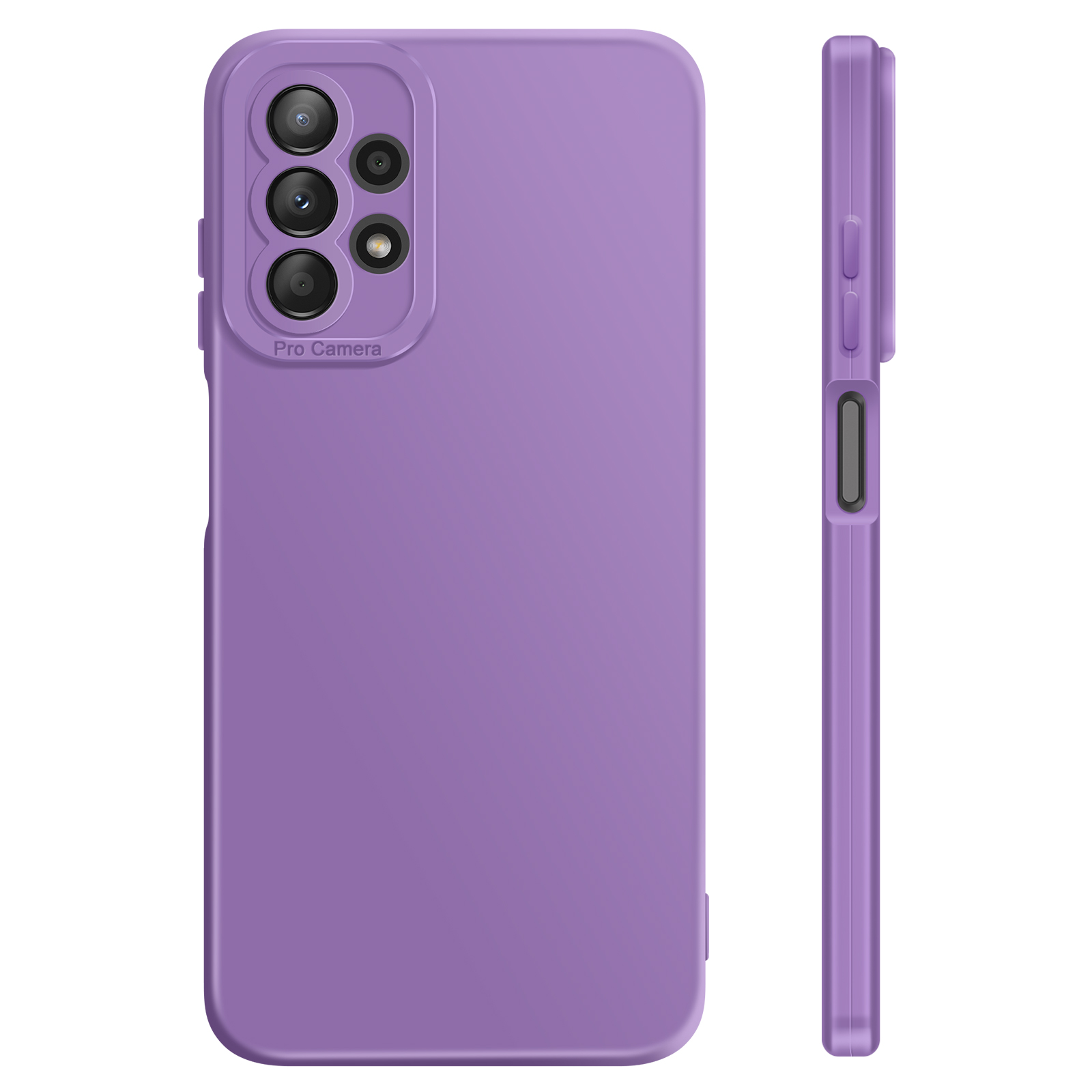 Funda de teléfono morada con recorte de cámara y botones laterales.