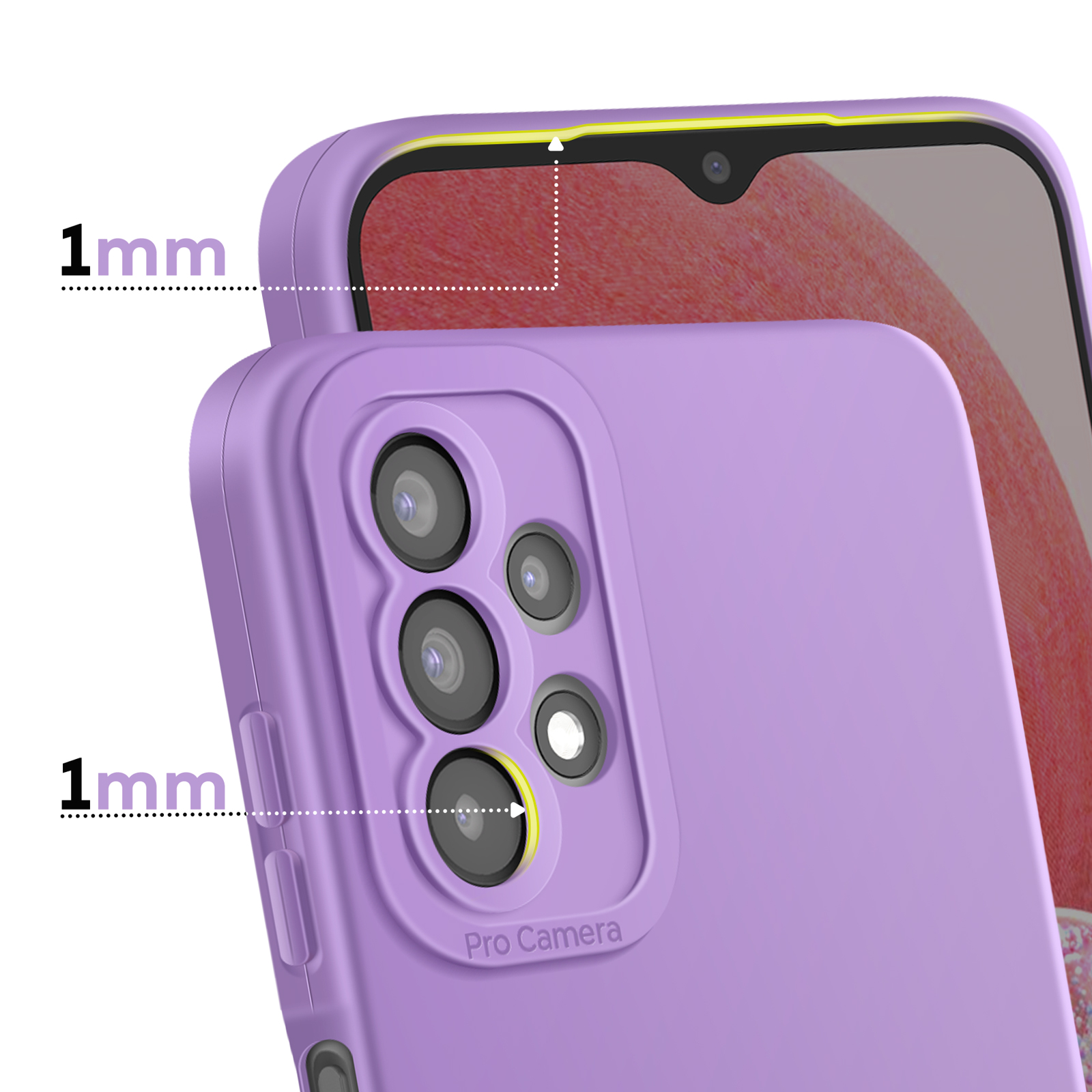 Funda morada para teléfono con módulo de cámara. Borde elevado 1mm.