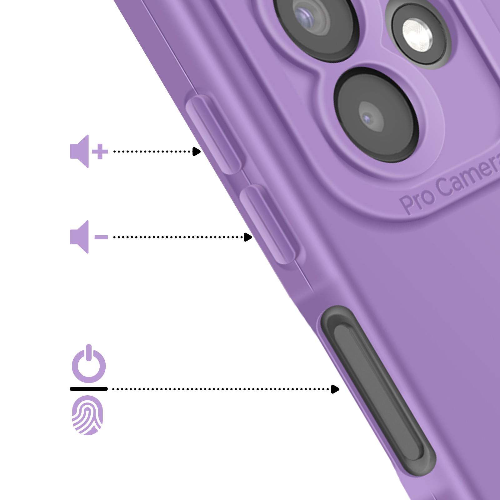 Funda morada con iconos de volumen y encendido. Primer plano de la cámara.