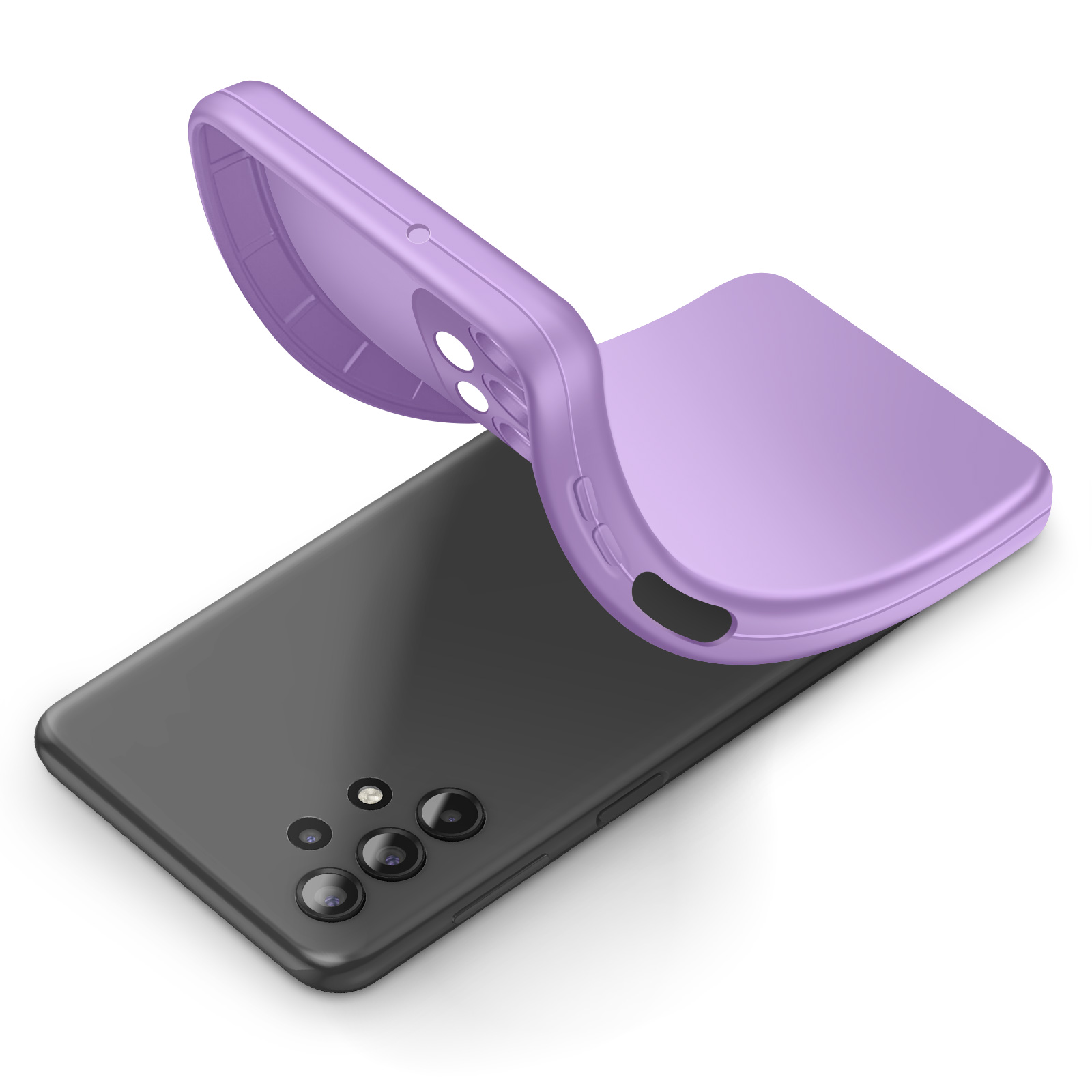 Una funda morada se coloca sobre un smartphone negro.