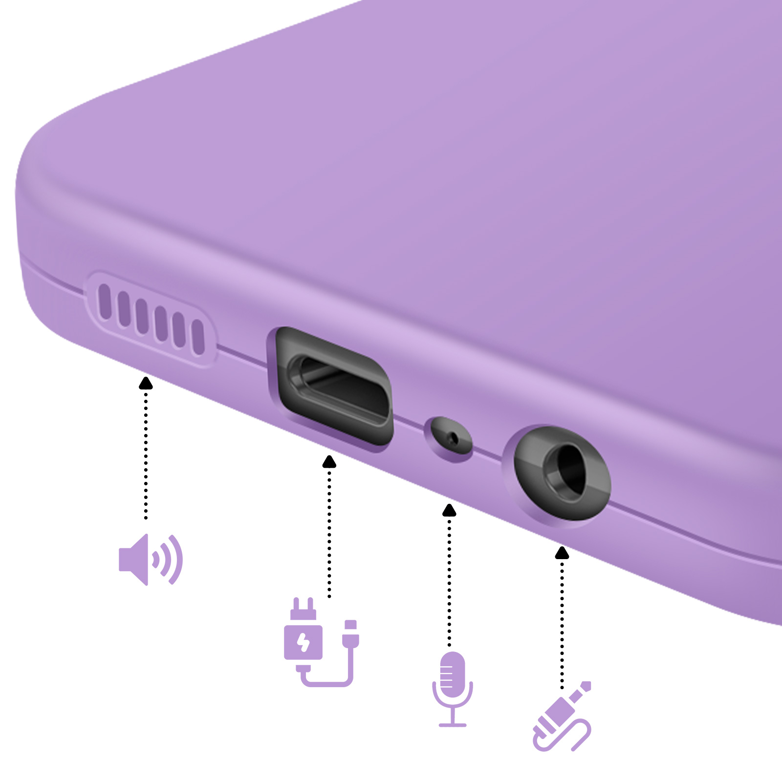 Funda morada de teléfono: altavoz, USB-C, micrófono, conector auriculares.