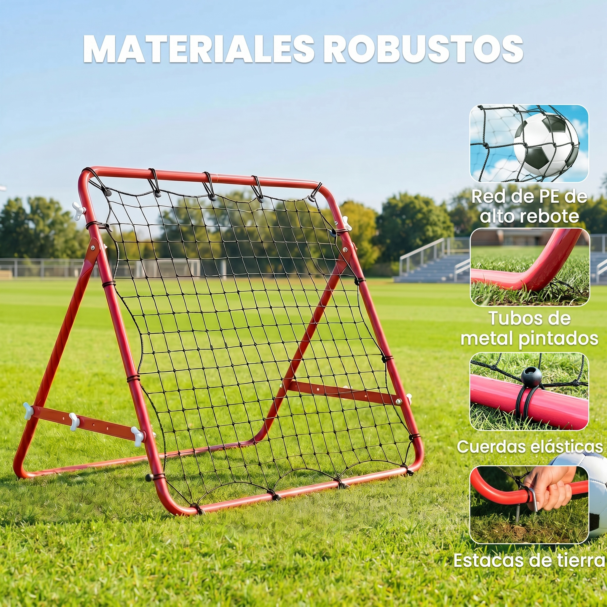 Una red rebotadora de fútbol roja con red negra se alza sobre césped verde.