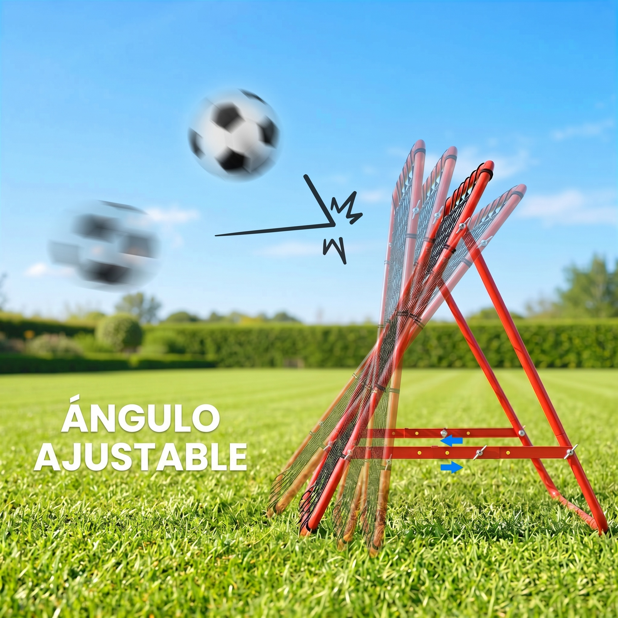 Un balón de fútbol vuela hacia una red de entrenamiento roja en un césped verde.