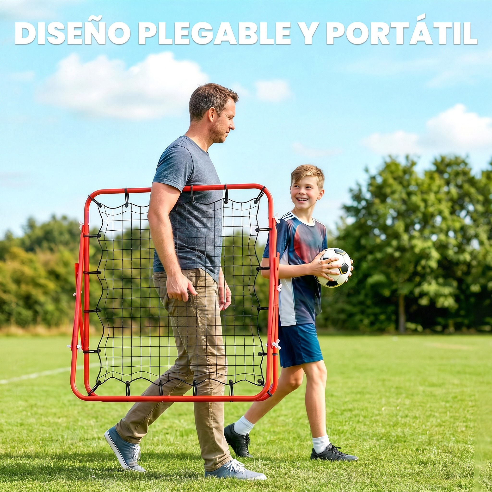 Hombre y niño llevan una red roja de entrenamiento de fútbol en un campo.