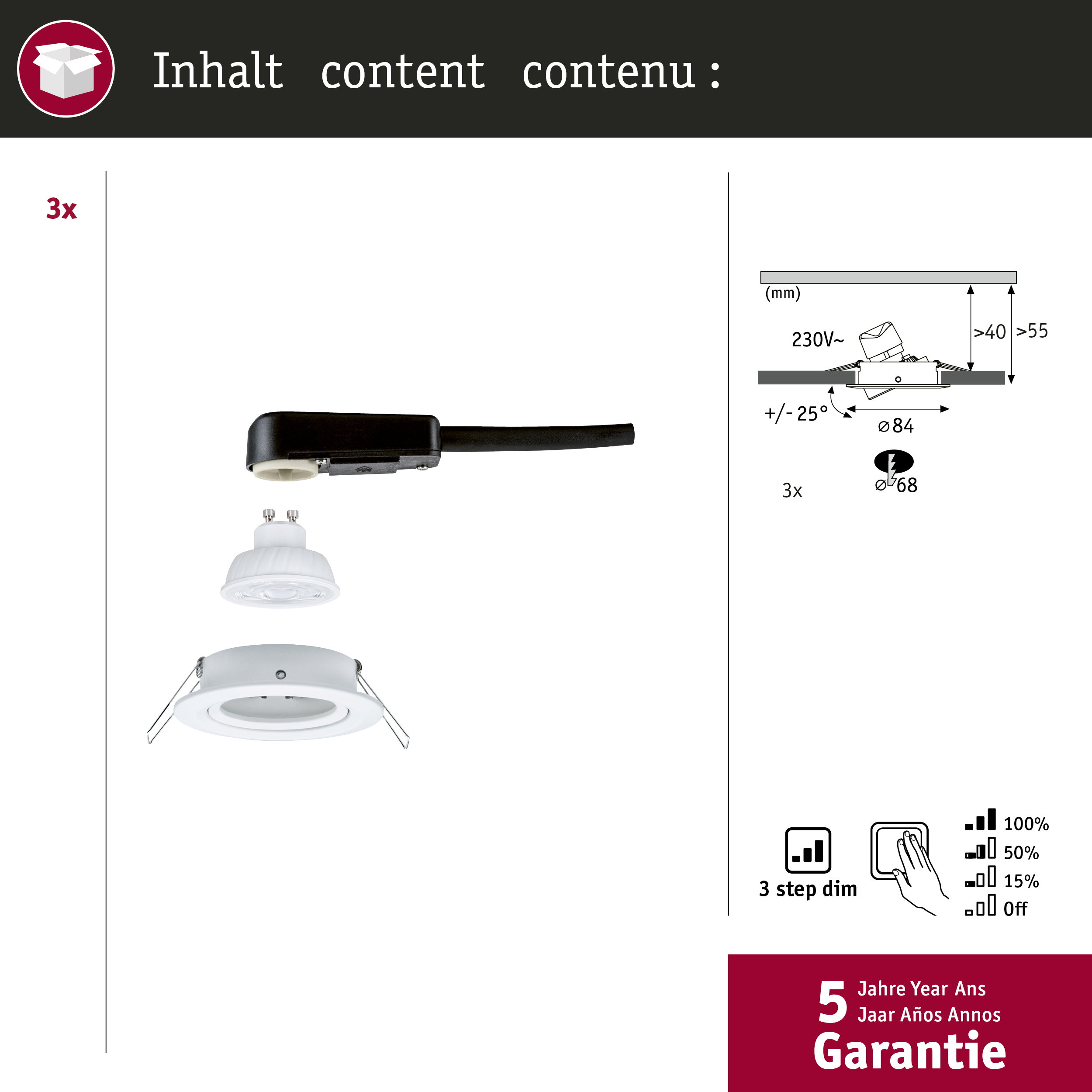 Lampa wpuszczana z kablem, wymiarami i 3-stopniowym ściemnianiem.