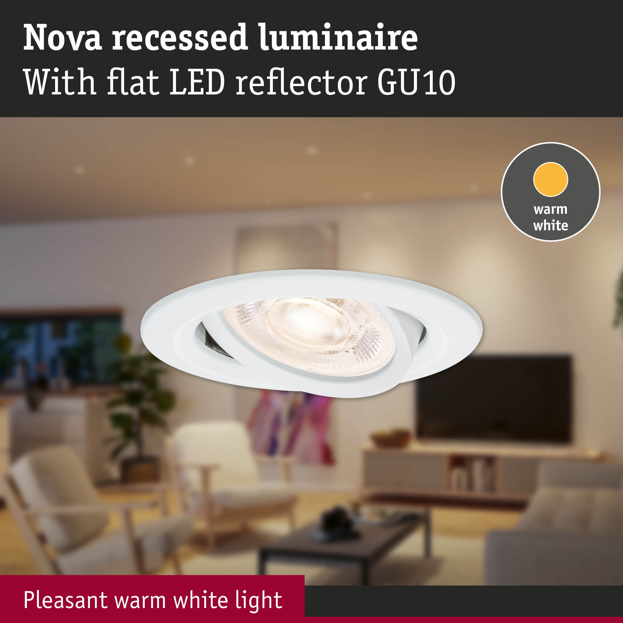 Lampa wpuszczana z ciepłym białym światłem w salonie.